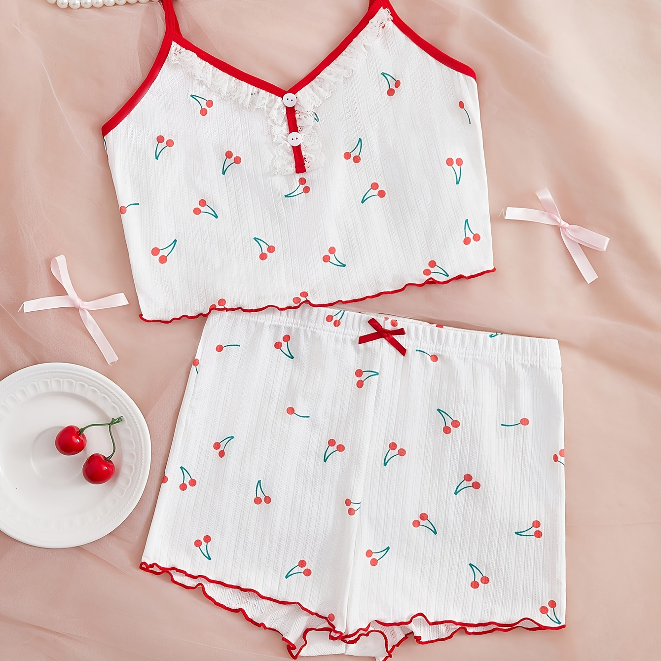 

Women's Cherry Print Frill Trim Sexy Ribbed Pajama Set, Button Detail V Neck Backless Crop Cami Top & Shorts, Comfortable Relaxed Fit, Summer Nightwear