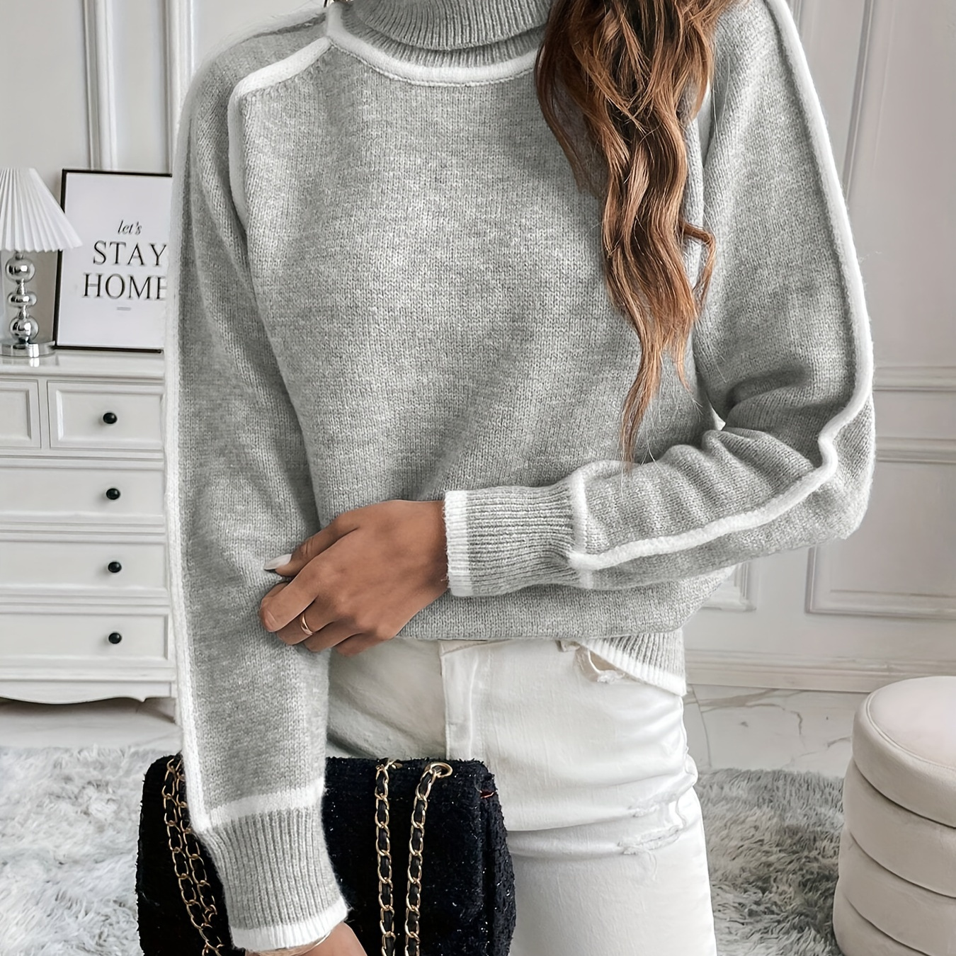 

Contrast Trim Turtle Neck Sweater, Casual Long Raglan Sleeve Sweater For Fall & Winter, Women's Clothing