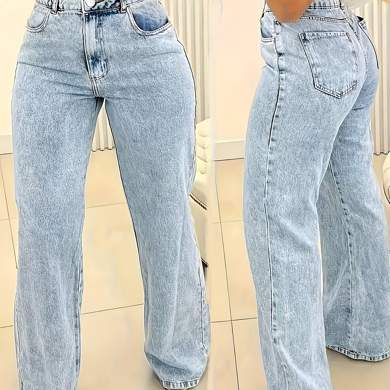 

Women's Casual High-waisted Wide Leg Denim Jeans, Light Blue Wash, Relaxed Fit, Full-length Pants With Pockets