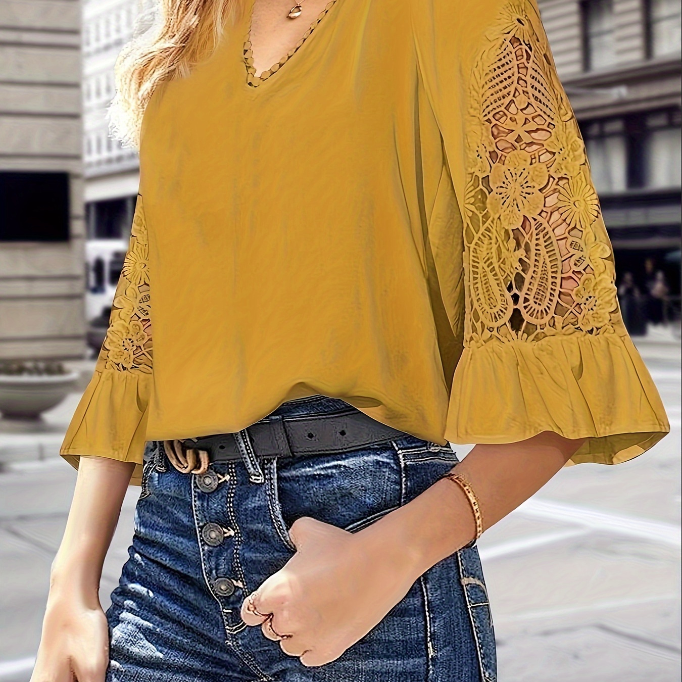 

Blouse en dentelle guipure à col en V, haut élégant à manches évasées de couleur unie pour le printemps et l'été, vêtements pour femmes