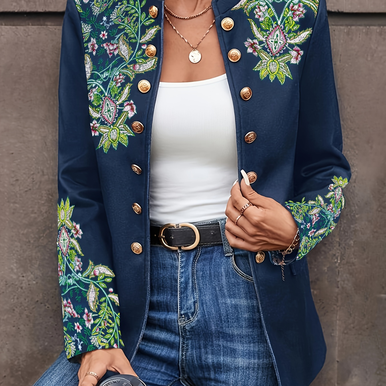 

Veste croisée à double boutonnage brodée de fleurs, veste à longues et col le et , vêtements femmes