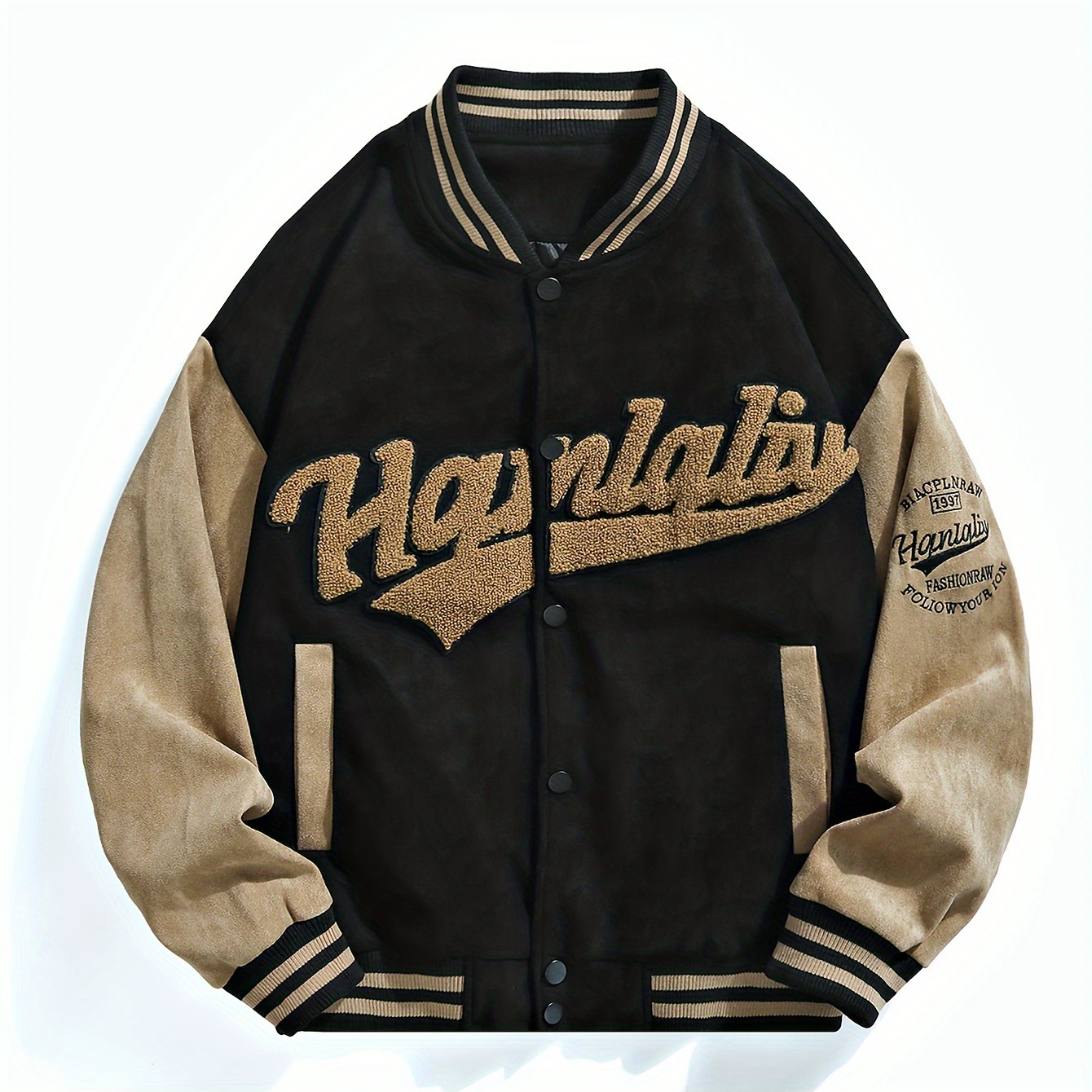 

Men's Casual Letter Embroidery Varsity Jacket, Chic Street Style Baseball Collar Color Block Jacket