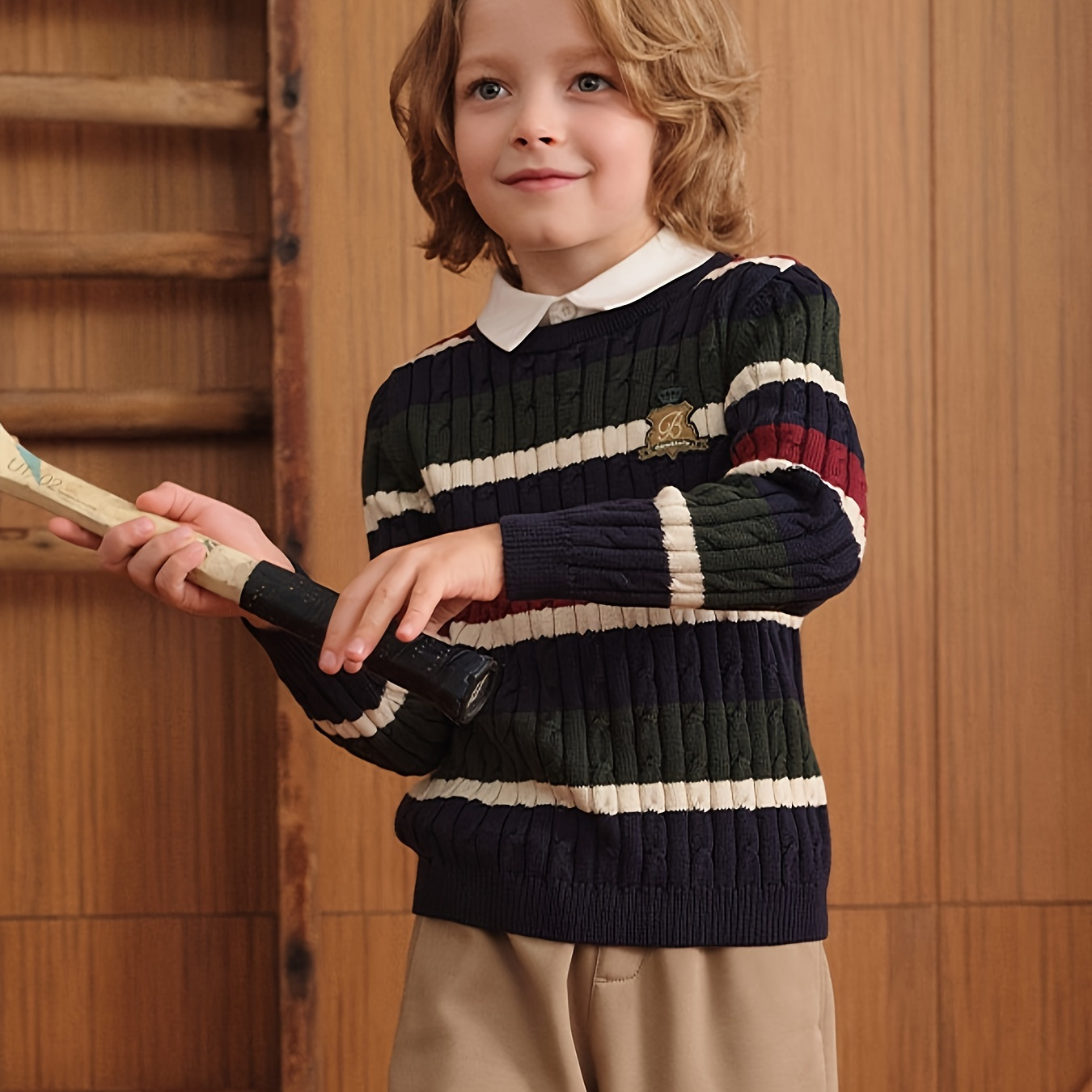 

Dave&bella Boys' Lapel Pullover Sweater - 2024 Autumn Winter Cotton Striped Knitted Sweater