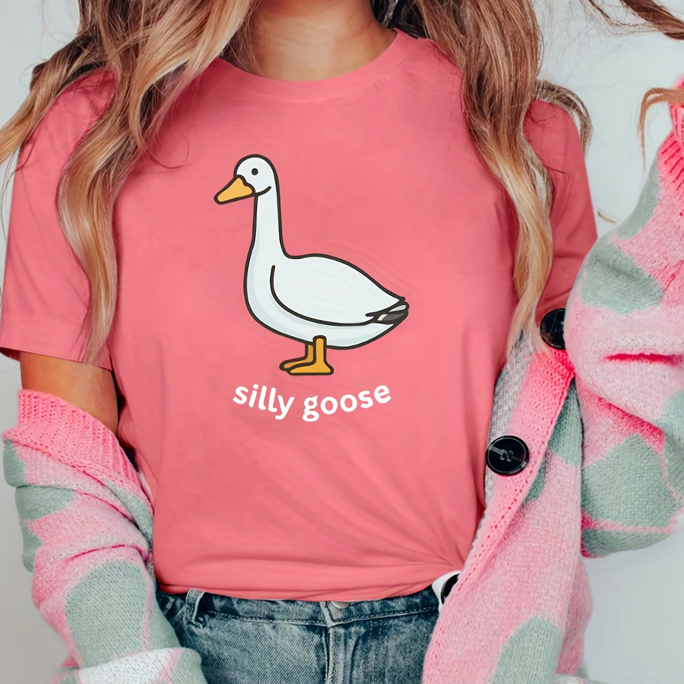

Women Solid Color Crew Neck Short Sleeve T-shirt With Goose Pattern, Summer Comfortable Top, Women's Clothing