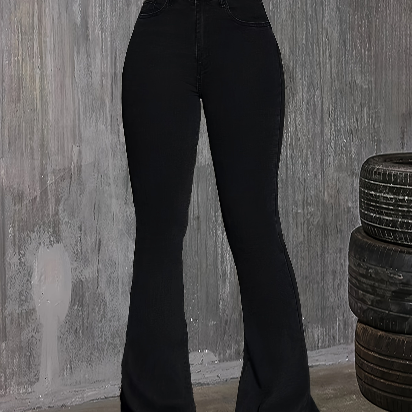 

Flare Leg Plain Black Color Stretchy Elegant Style Bell Bottom Jeans, Women's Denim Jeans & Clothing