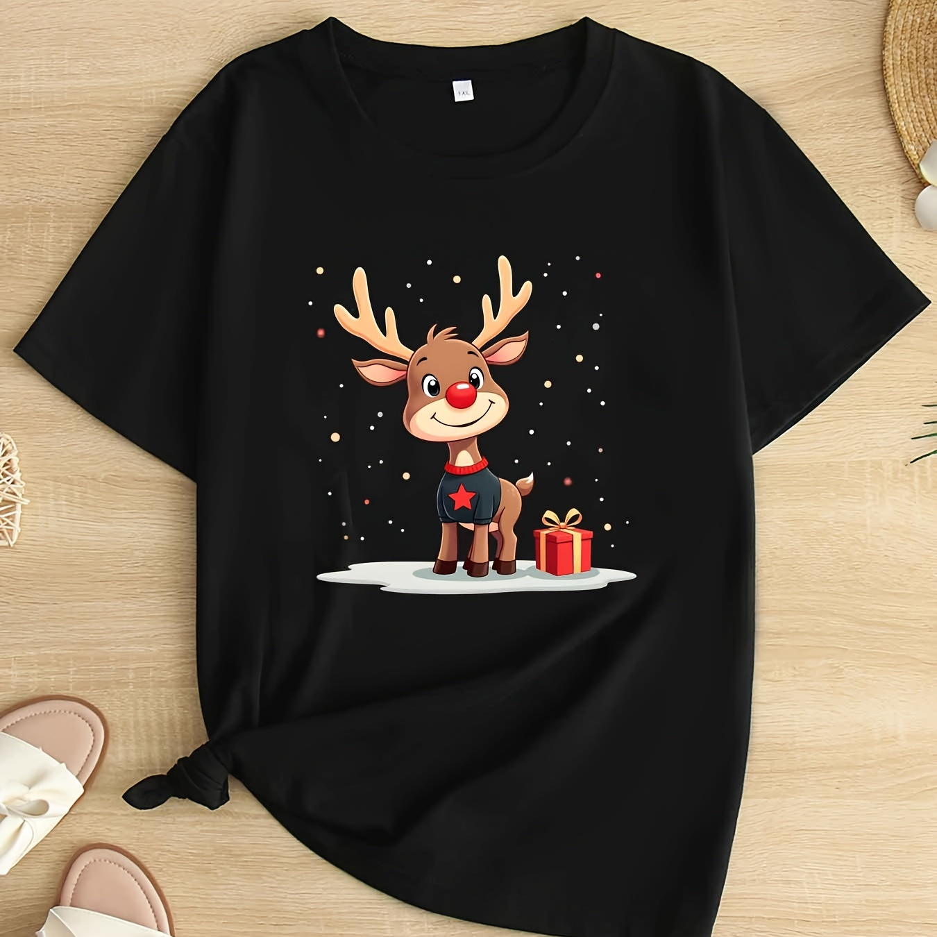 

Festive Christmas Print Women's Plus Size T-shirt - Relaxed, Round Neck, Short Sleeve, Polyester Blend,