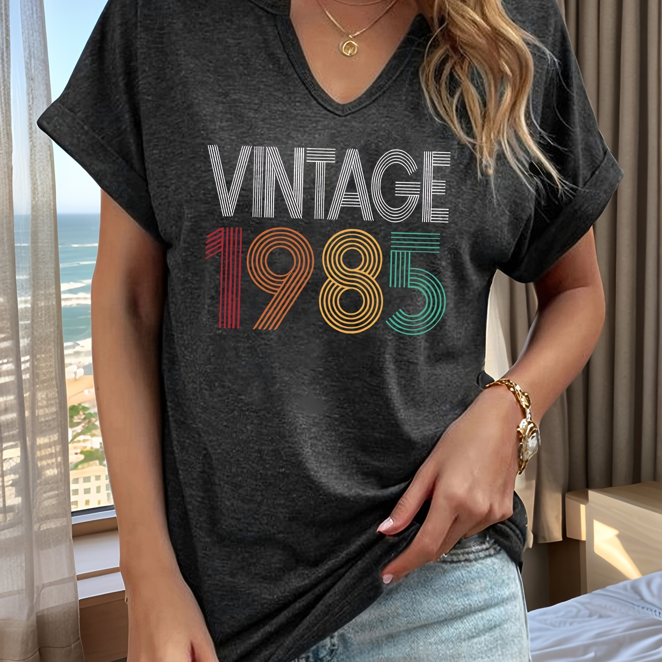 

Women's Vintage 1985 Letter Print T-shirt, Short Sleeve V-neck Casual Top, Polyester Knit Fabric, Stretch, Regular Fit, Spring/summer Fashion, Alphabet Pattern, 180gsm - H Styles