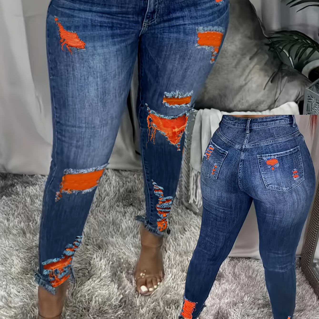 

Extra Large Jeans New Women' High Stretch Jeans Casual Jeans Mouth Jeans Broken Hole Jeans Broken Hole Jeans Hairy Color Yarn Foot Mouth Jeans Jeans Pants And Clothing