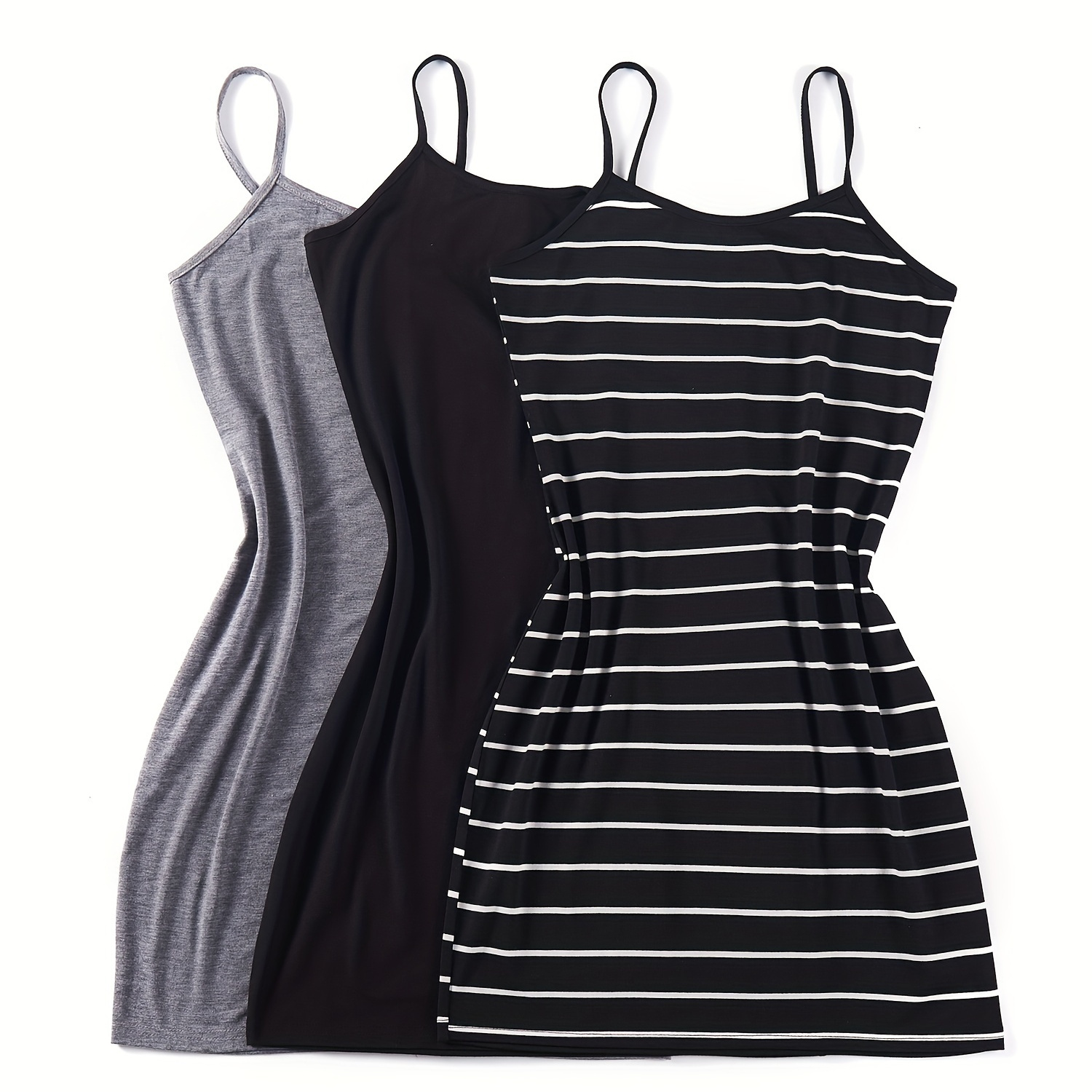 

Casual Slim Cami Dress 3 Pack, Versatile Crew Neck Spaghetti Strap Dress For Summer, Women's Clothing