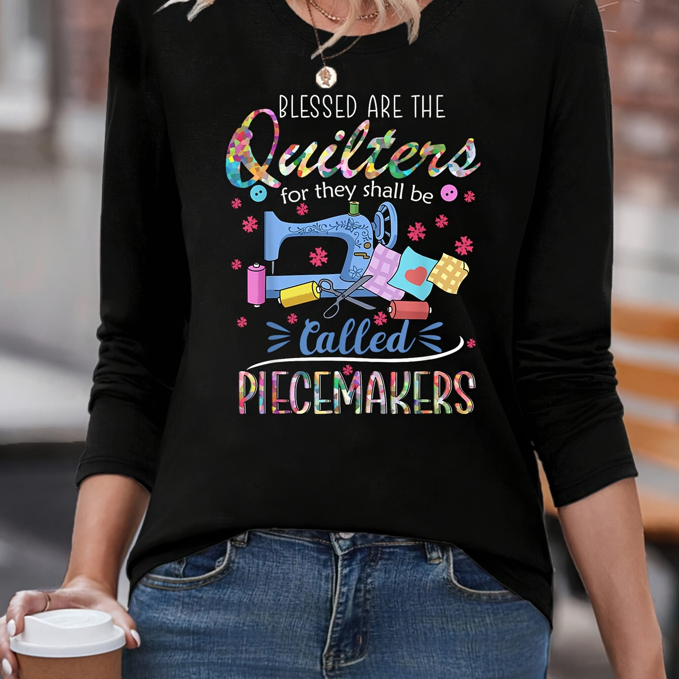 

Quilting Tshirt Graphic Print Long Sleeve Crew Neck T-shirt - Soft Medium Stretch Fabric, Casual Regular Fit For Spring & Fall - Womens Drawing Patterned Knit Fabric Clothing