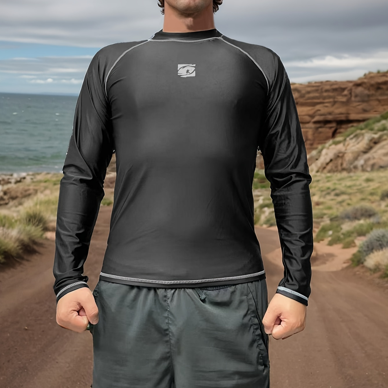 

Men's High Sun Protection Surf Rash Guard, Long Sleeve Crew Neck Top For Swimming, Running, Beach & Casual Wear