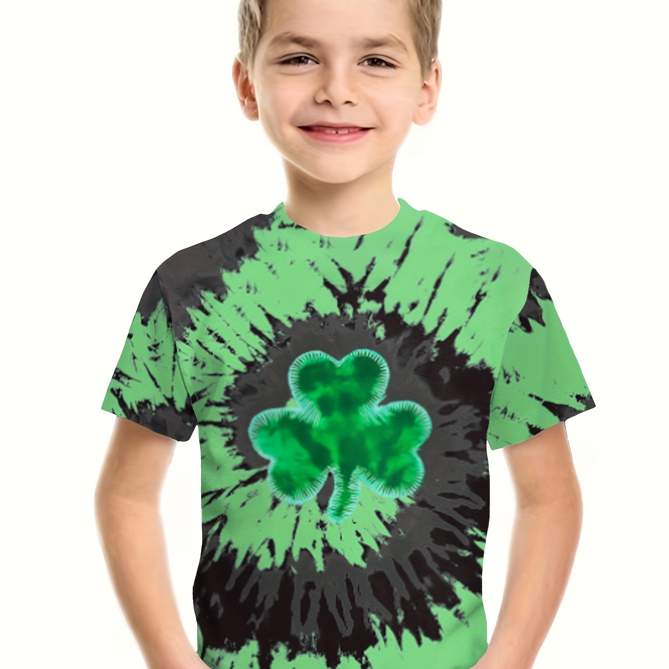 

Boys St Patrick's Day Clover Print T-shirt, Casual Clothes For Summer
