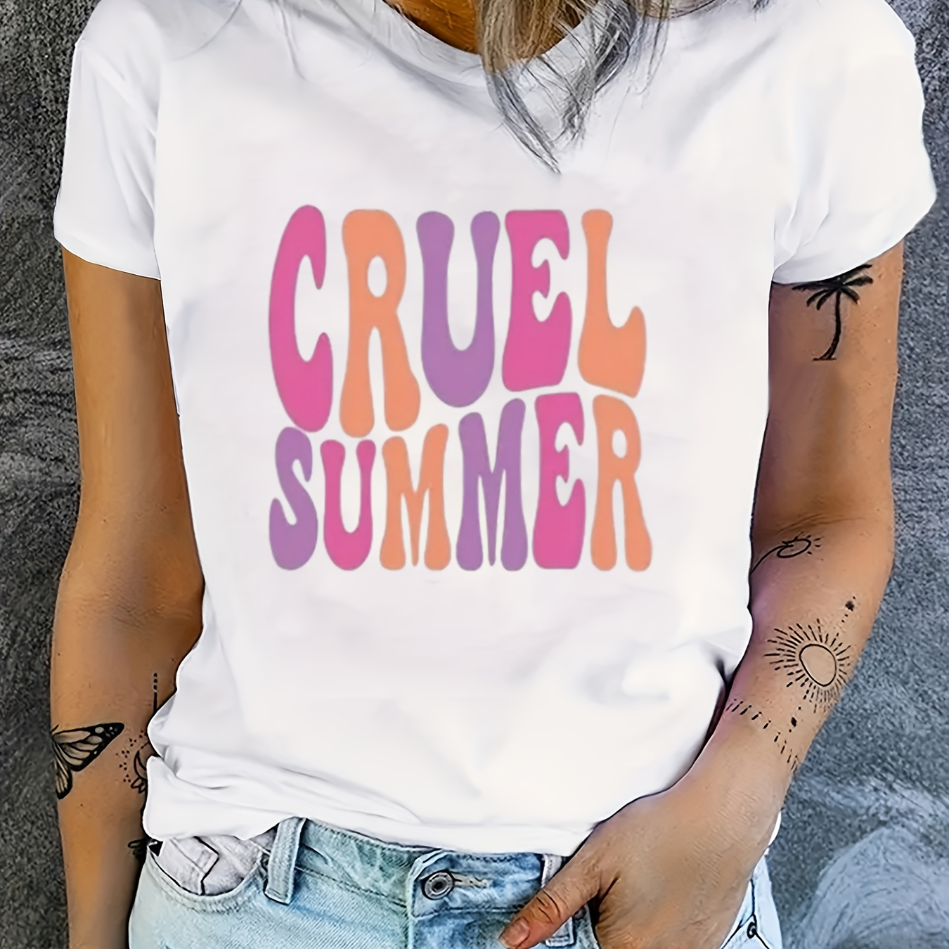 

Cruel Summer Print Crew Neck T-shirt, Short Sleeve Casual Top For Summer & Spring, Women's Clothing