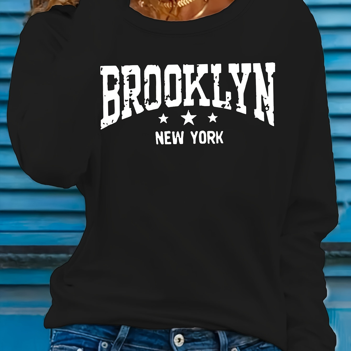 

Plus Size Letter Brooklyn Print T-shirt, Casual Long Sleeve Top For Spring & Fall, Women's Plus Size Clothing