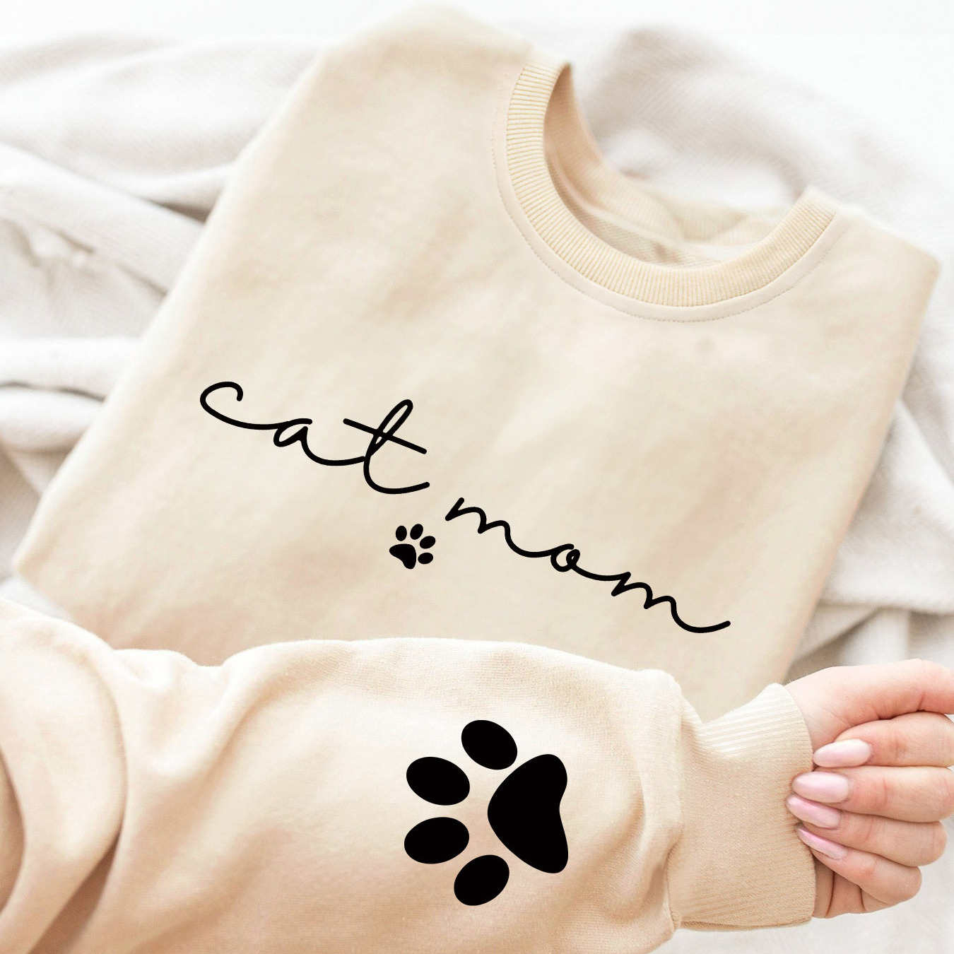 

Cat Mom Print Sweatshirt, Crew Neck Casual Sweatshirt For Fall & Spring, Women's Clothing