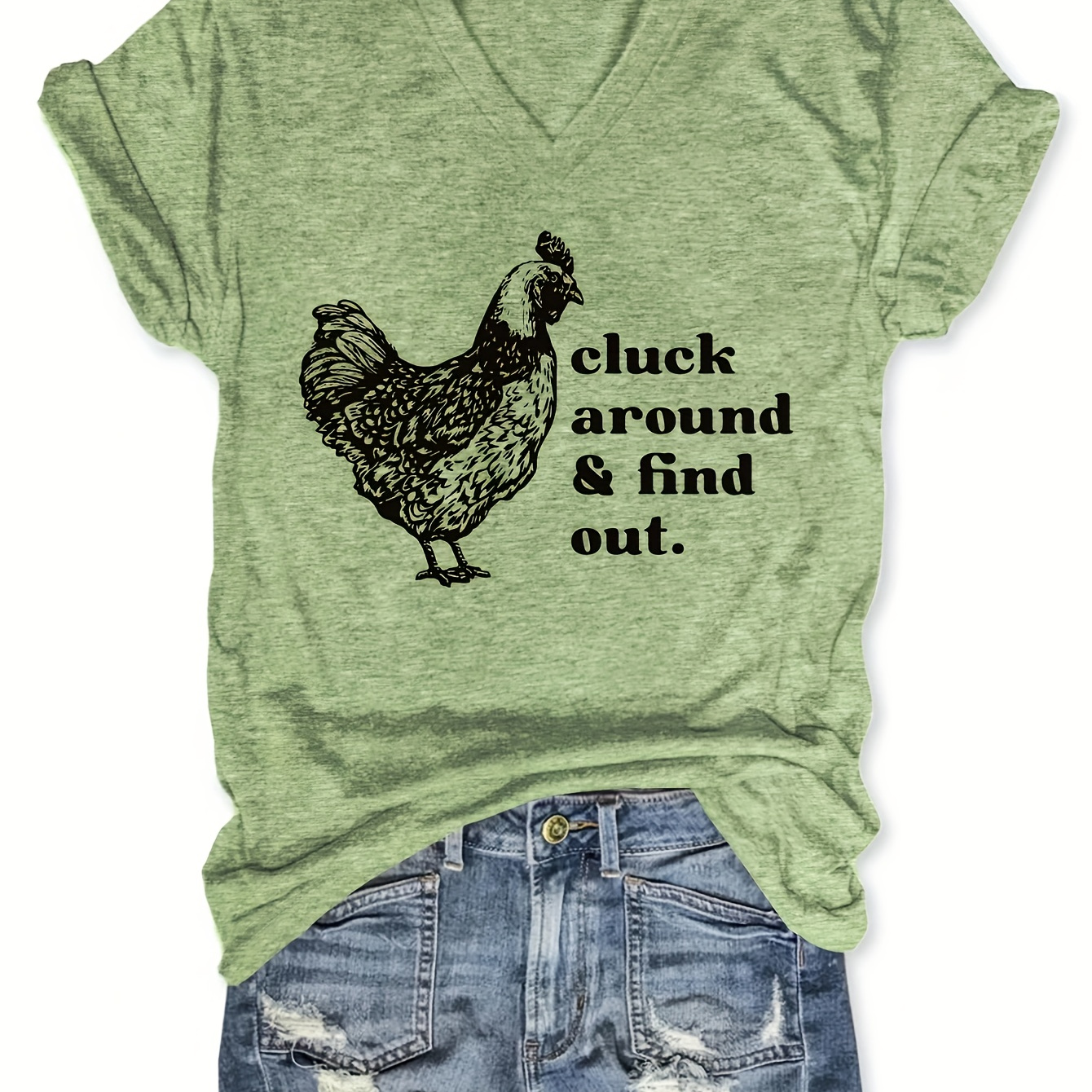 

Around & Find Out" Humorous Chicken Graphic Tee - Casual V-neck, Short Sleeve In Soft Viscose Blend, Machine Washable - Dark Green With White Print