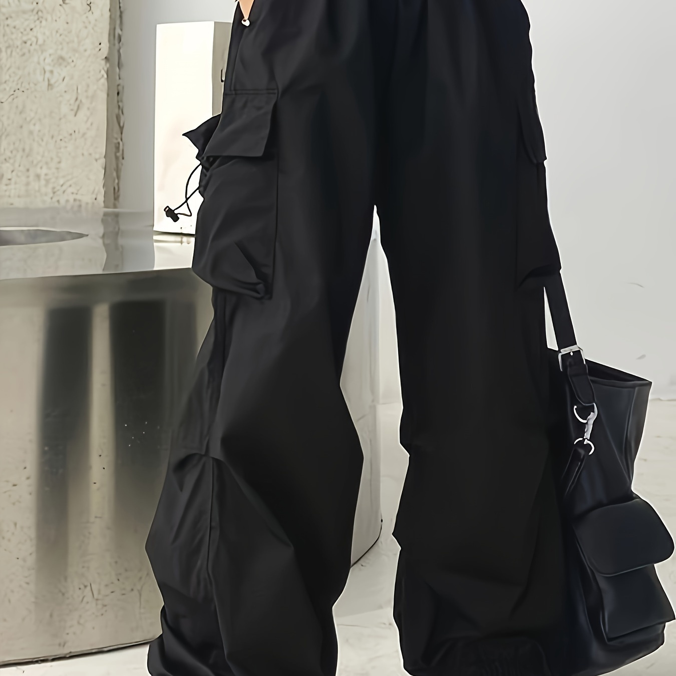 

Pantalon Cargo ample avec poches à rabat de grande taille, pantalon décontracté à taille élastique avec cordon de serrage pour le printemps et l'été, vêtements de grande taille pour femmes