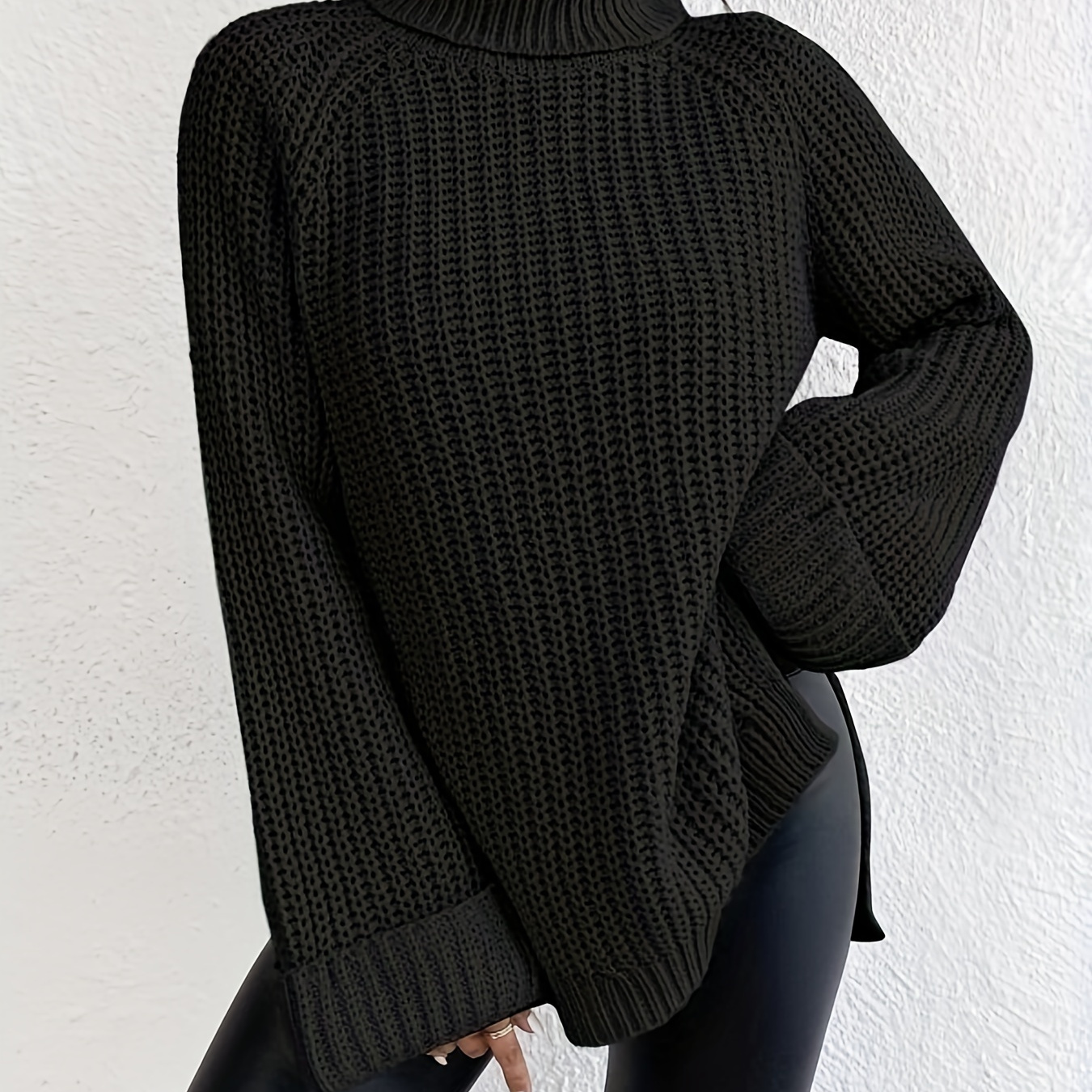 

Solid Turtleneck Pullover Sweater, Casual Loose Raglan Sleeve Sweater For Fall & Winter, Women's Clothing