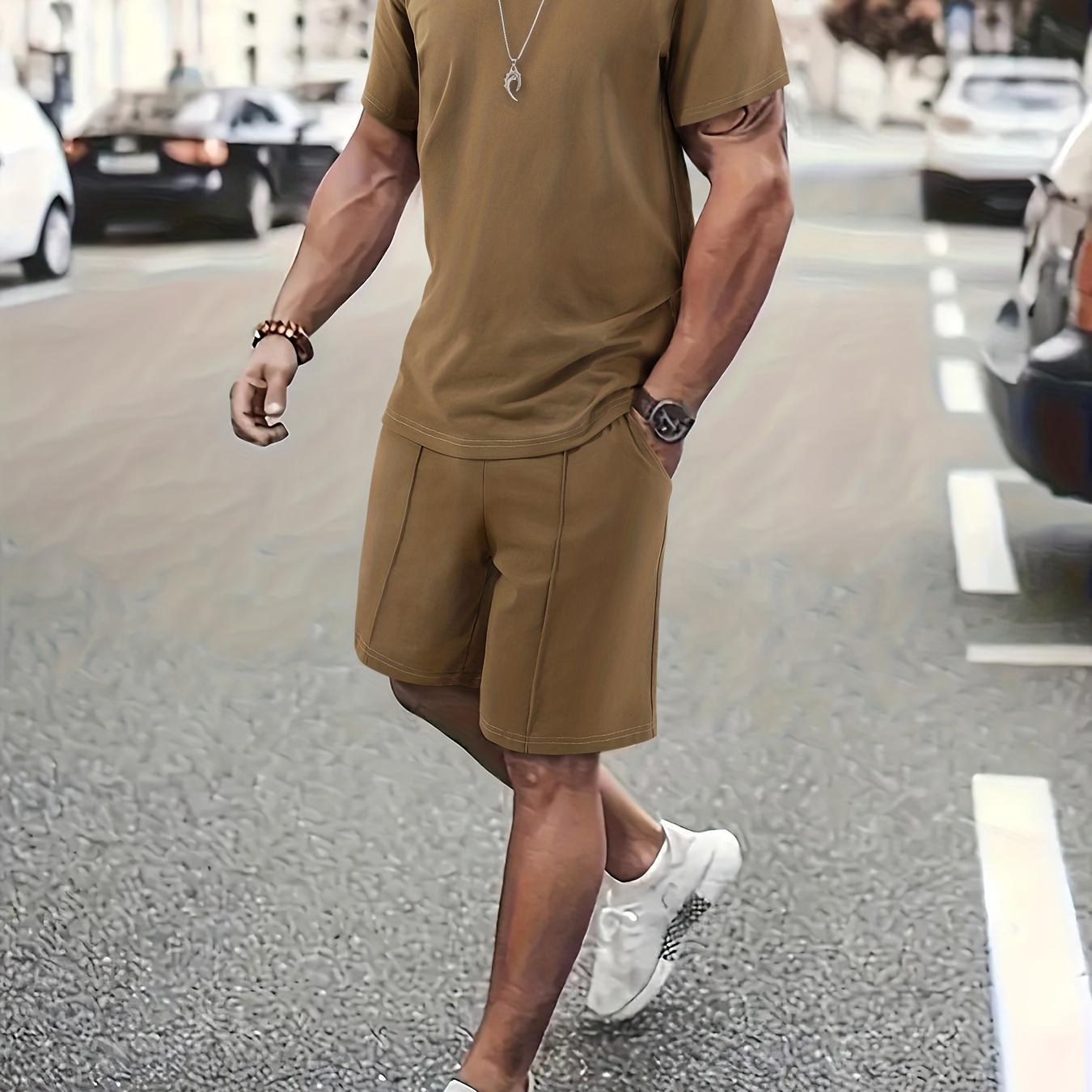 

Men's Short Sleeve T-shirt & Drawstring Shorts 2pcs Casual Sports Regular Tee Top Pants Suit Outfits For Spring Summer, As Gifts