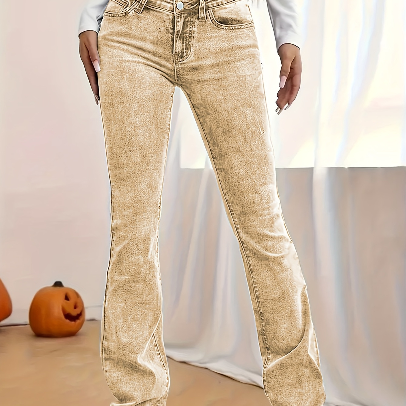 

[elegant Style] Women' Flare Leg Jeans, , Solid Color, Button Fly, Drop Waist, Long Length, , With Washed Detail, For All