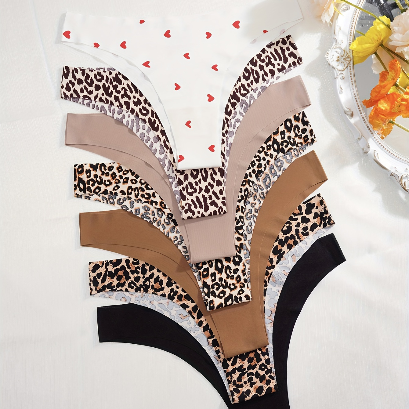 

7pcs Leopard & Heart Print Panties, Breathable & Comfy Seamless Intimates Panties, Women's Lingerie & Underwear