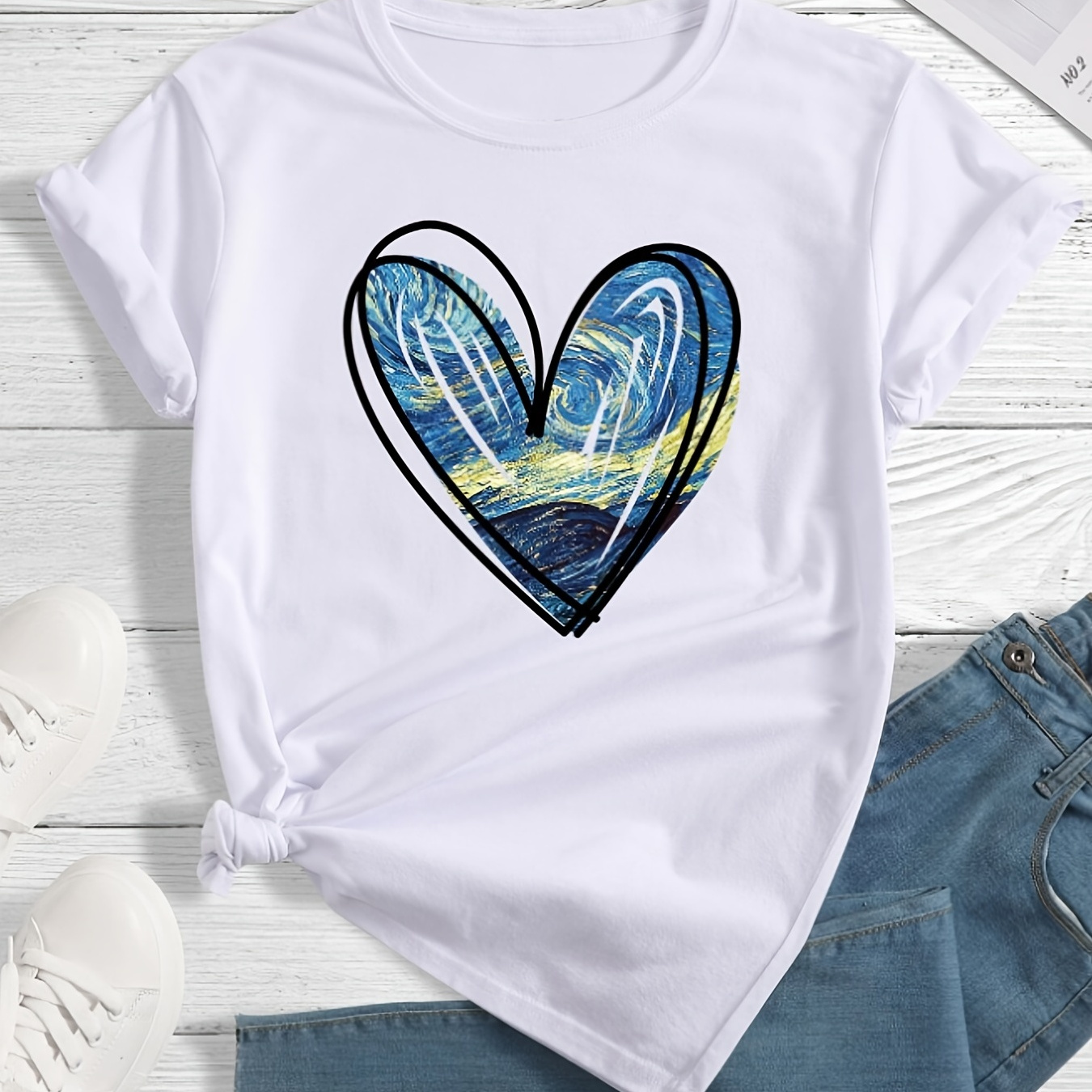 

Heart Print Crew Neck T-shirt, Casual Short Sleeve T-shirt For Spring & Summer, Women's Clothing