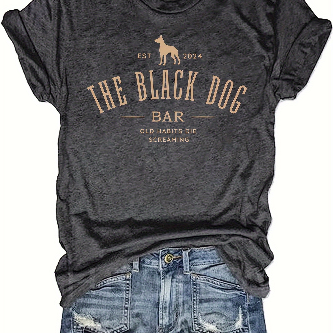 

Dog & Letter Print Crew Neck T-shirt, Comfy Short Sleeve Casual Top For Summer & Spring, Women's Clothing