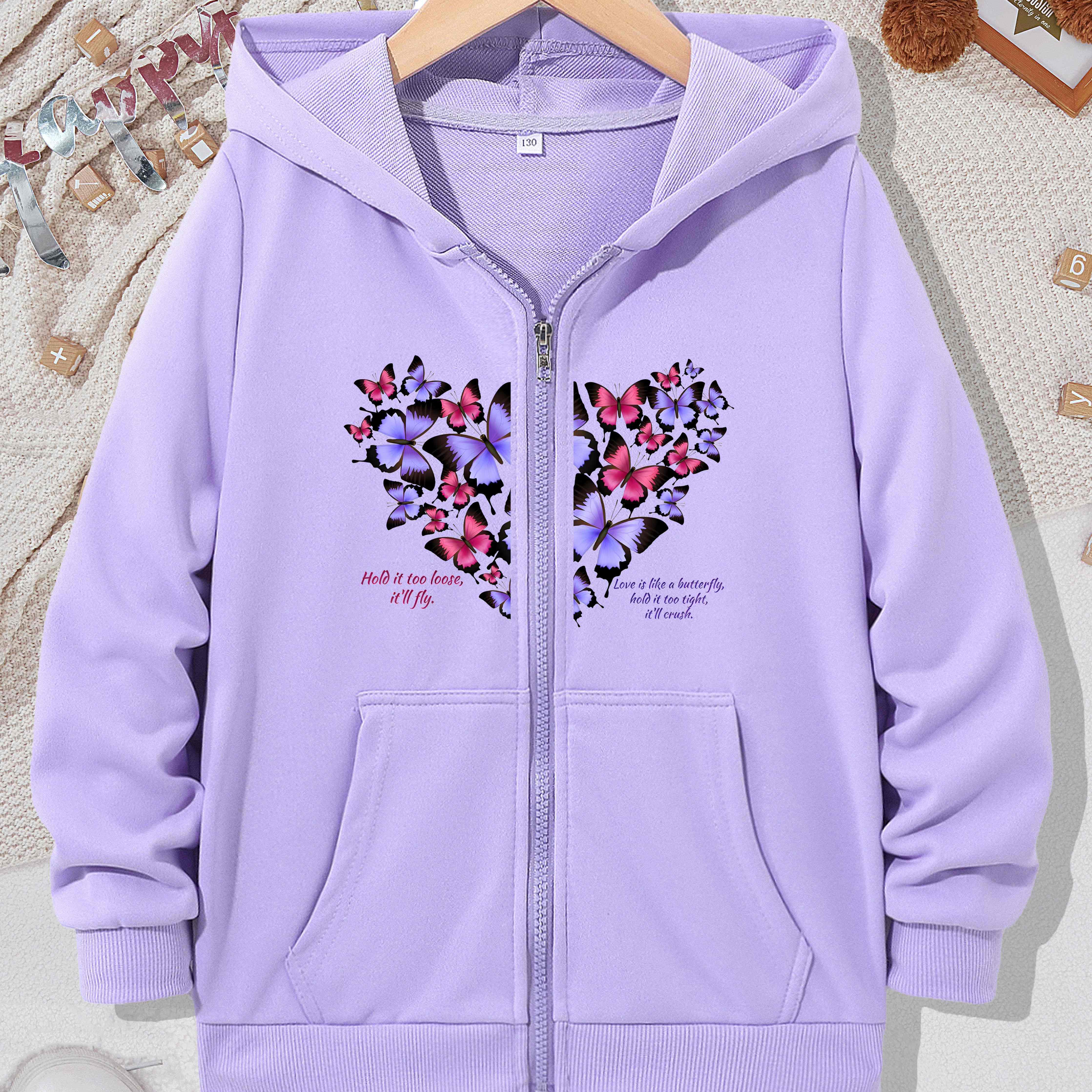 

Valentine's Day Grace Heart Print Girls Hoodie Jacket, Pockets Front Casual Zipper Sweatshirt For Holiday Daily Outdoor