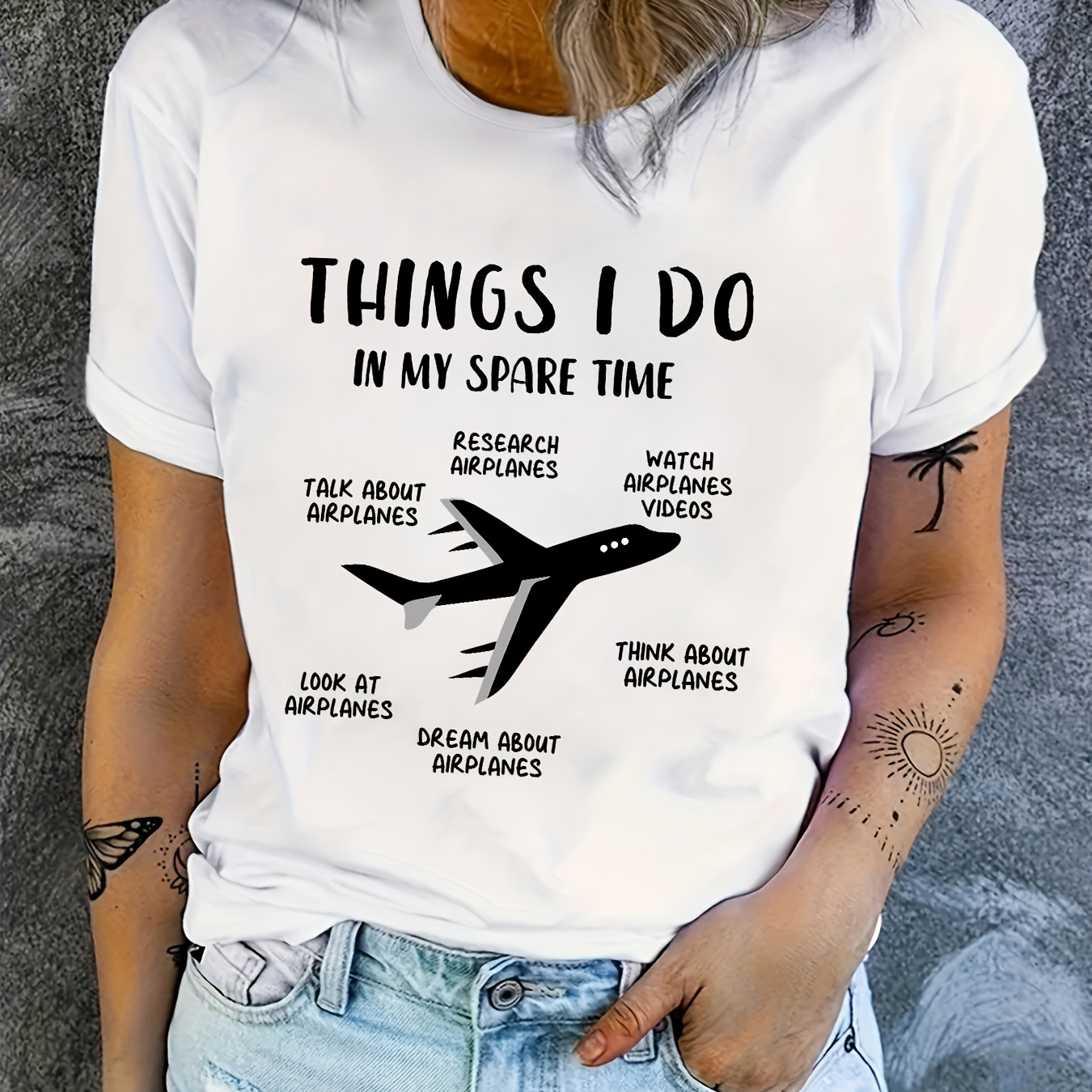 

Airplane Graphic & Letter Print T-shirt, Short Sleeve Crew Neck Casual Top For Summer & Spring, Women's Clothing