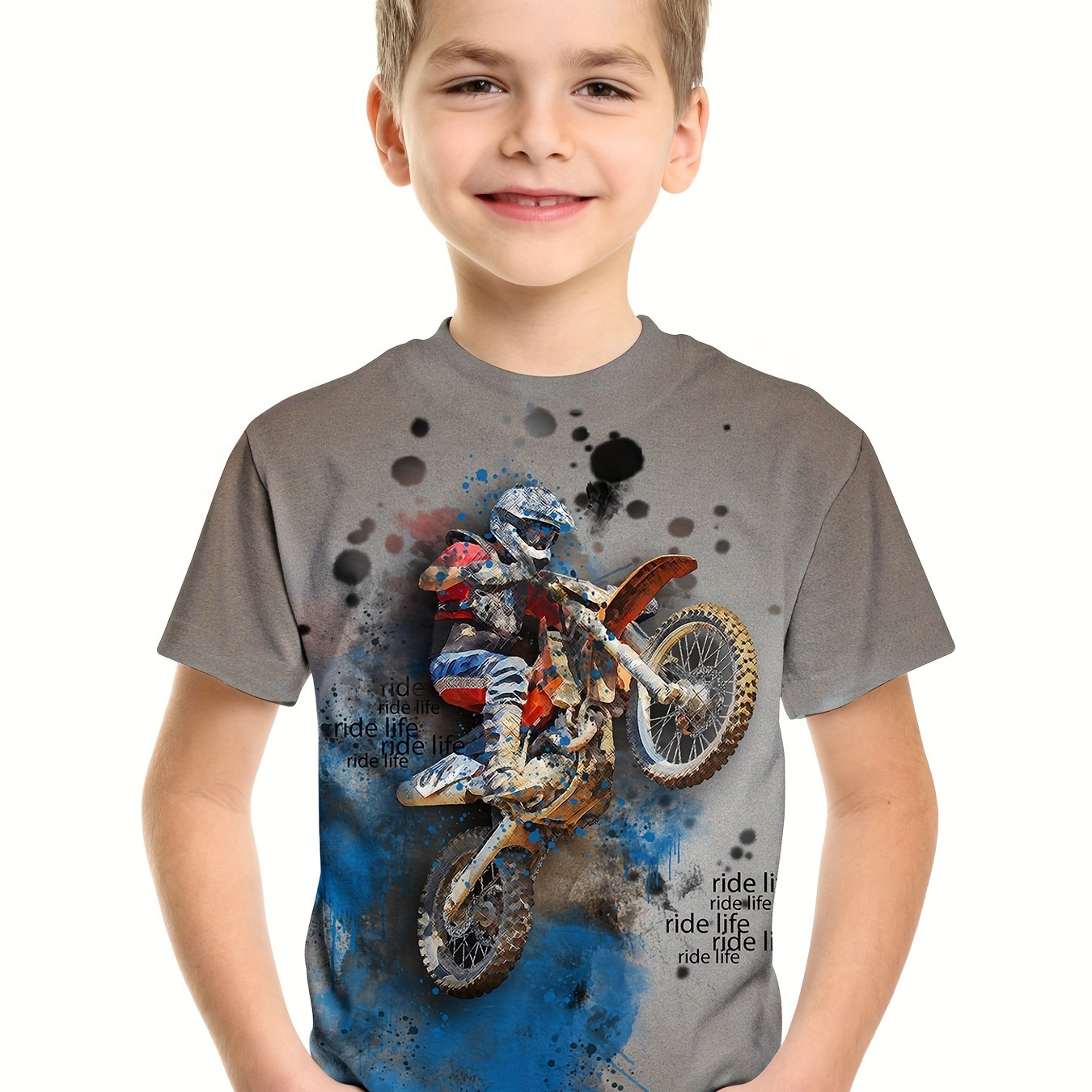 

Trendy Motorcyclist 3d Print Tee Tops, Boy's Round Neck Casual Short Sleeve Comfortable Soft Versatile T-shirt