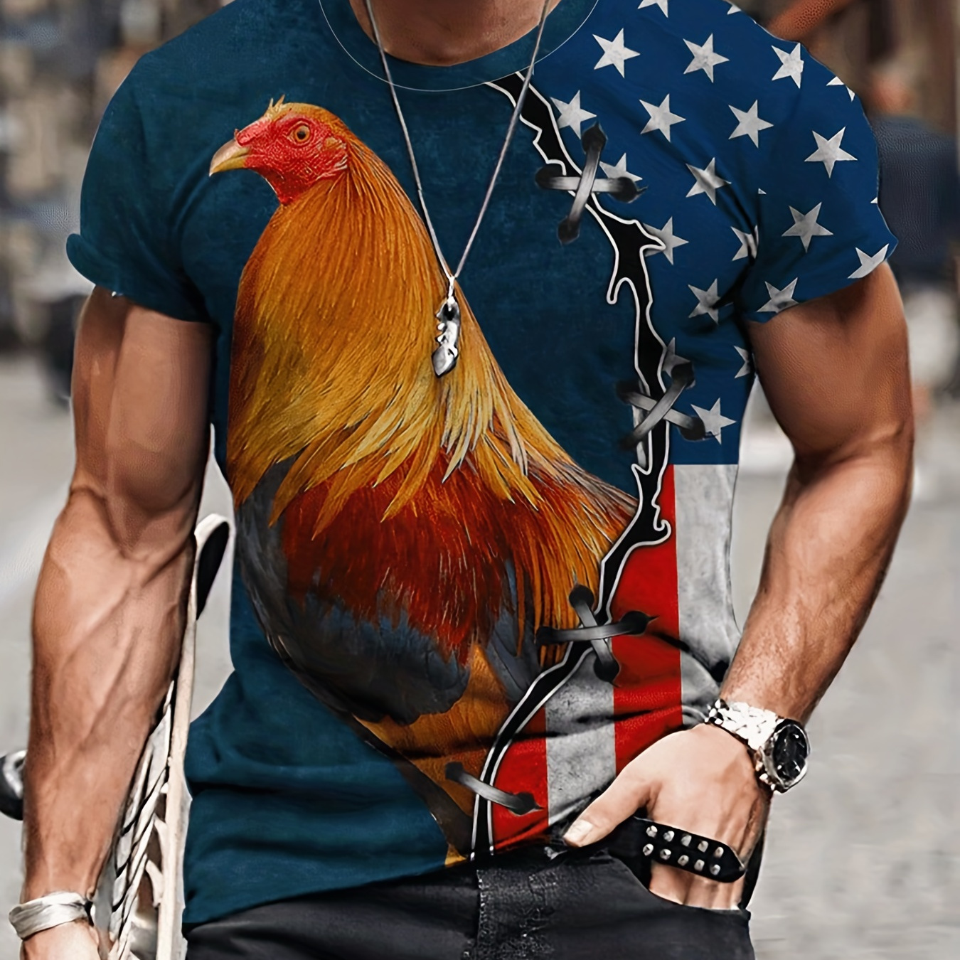 

Men's Casual Cock 3d Print Short Sleeve T-shirt, Novelty Crew Neck Slim Fit Animal Graphic Tee Loungewear Top European And American Fashion Daily Tops