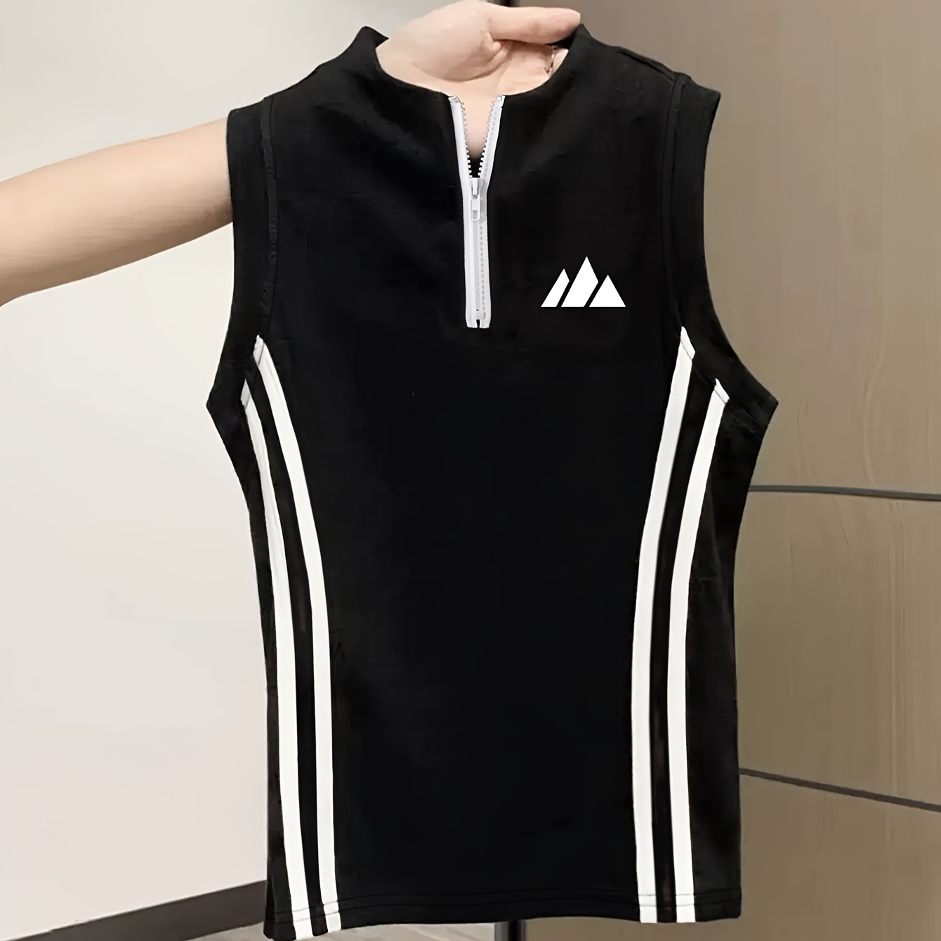 Women's Summer Sleeveless S Vest with Zipper, Slim-Fit Training Top Featuring Side Stripe Design, Breathable Stretchy Sweat-Absorbing Vest, Trendy Versatile Casual Base Layer, Outdoor Basketball Boxing Wear, Abstract Triangular Peak Symbol