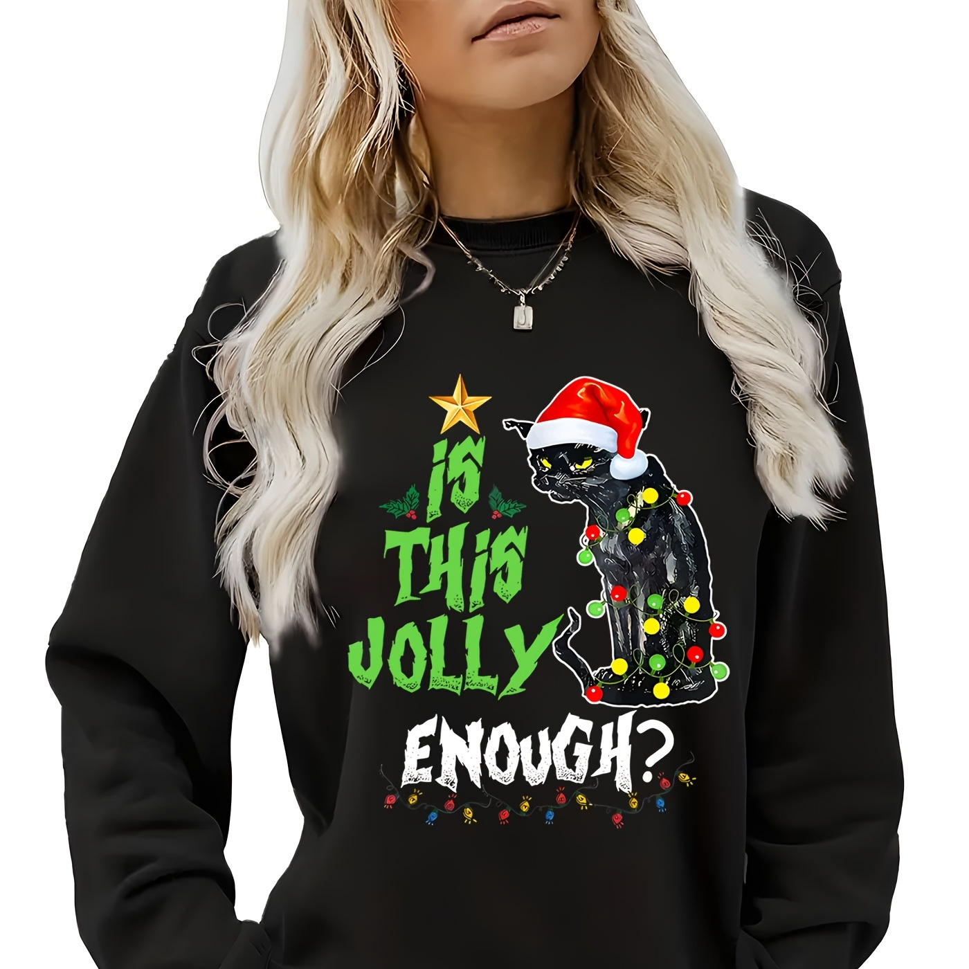 

Christmas Cat & Letter Long Sweatshirt For - , Washable