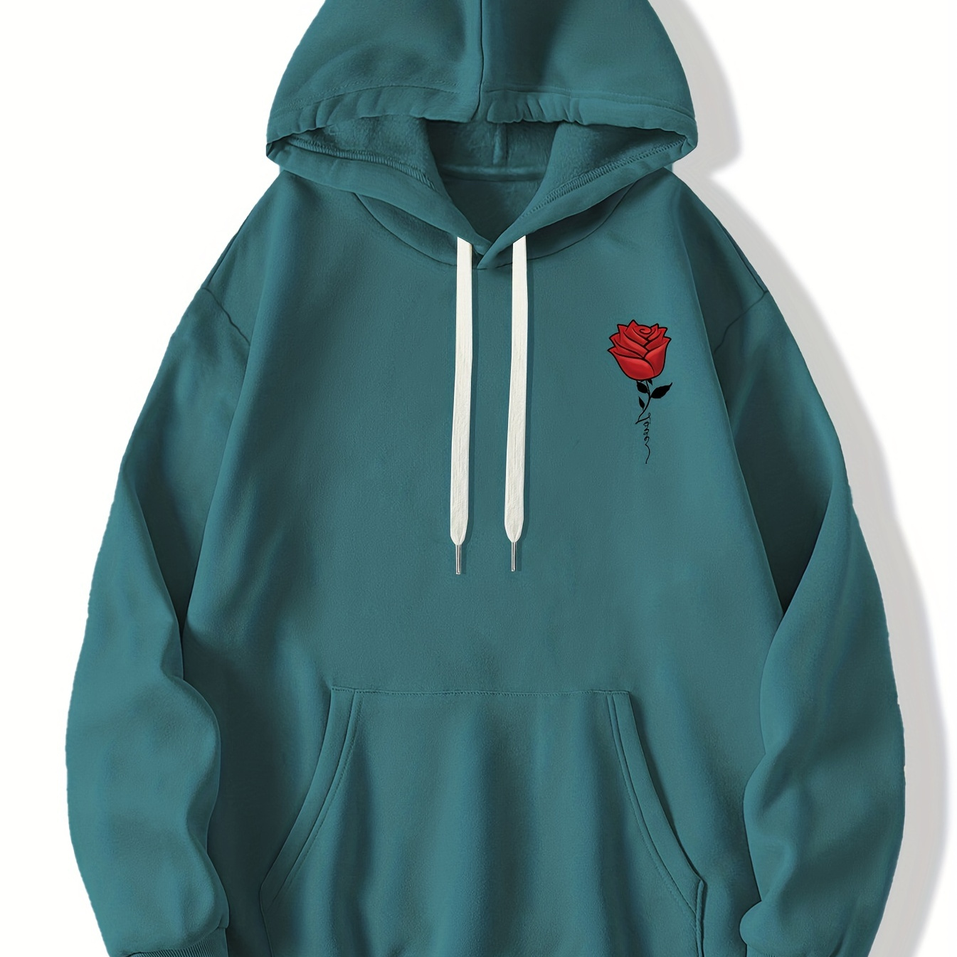 

Red Rose Print Fleece Hoodies For Men, Graphic Hoodie With Kangaroo Pocket, Comfy Loose Trendy Hooded Pullover, Mens Clothing For Autumn Winter