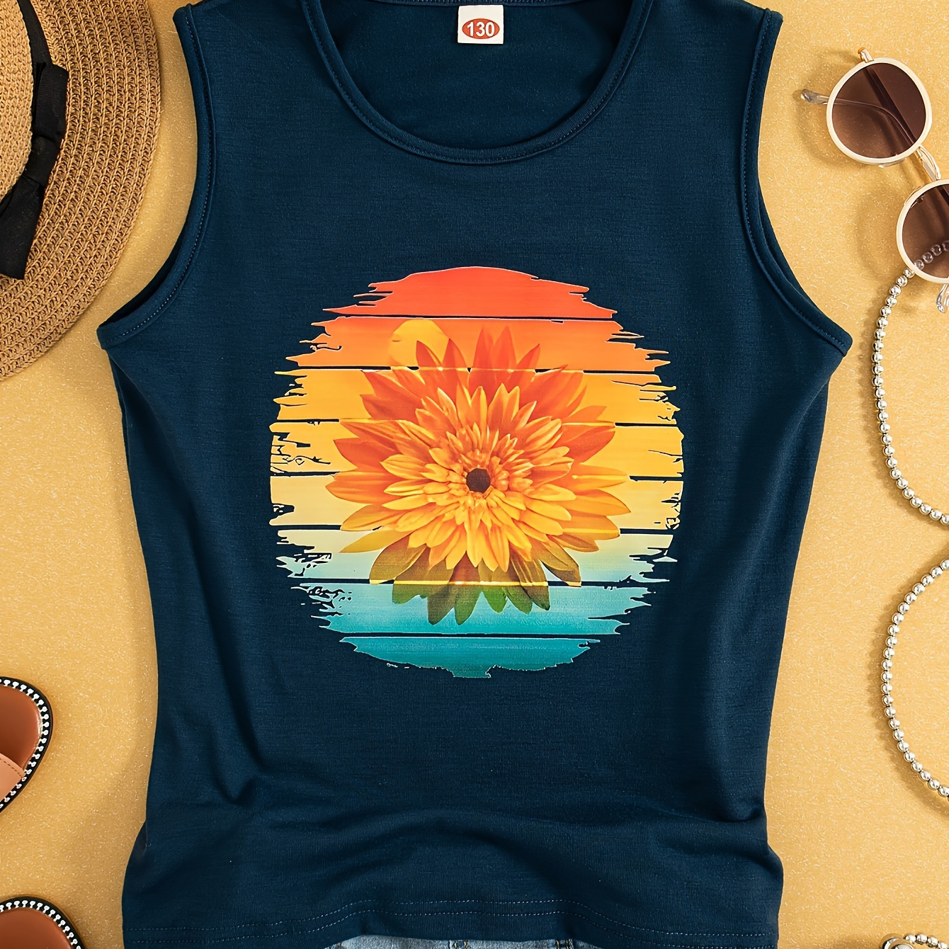 

Summer Casual Round Neck Sleeveless Design Print Flower Pattern Blue Girls Vest