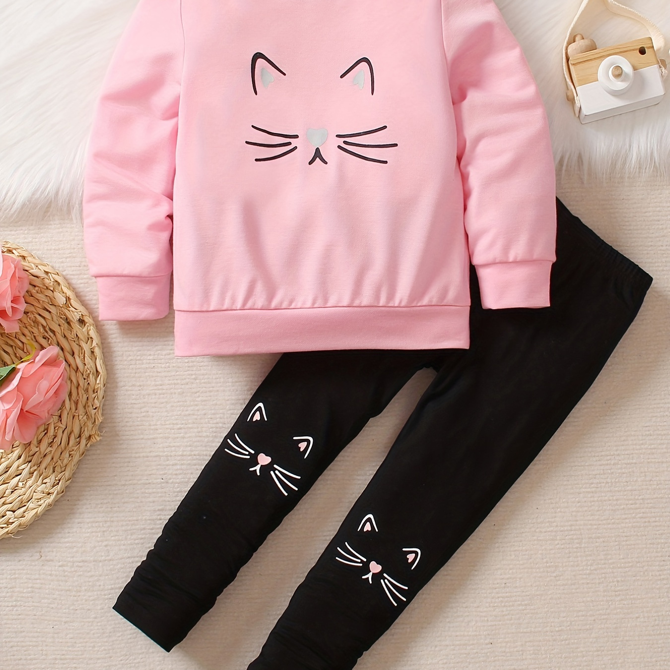 2pcs Girl's Cat Print Outfit, Sweatshirt & Leggings Set, Casual Long Sleeve Top, Kid's Clothes For Spring Fall Winter