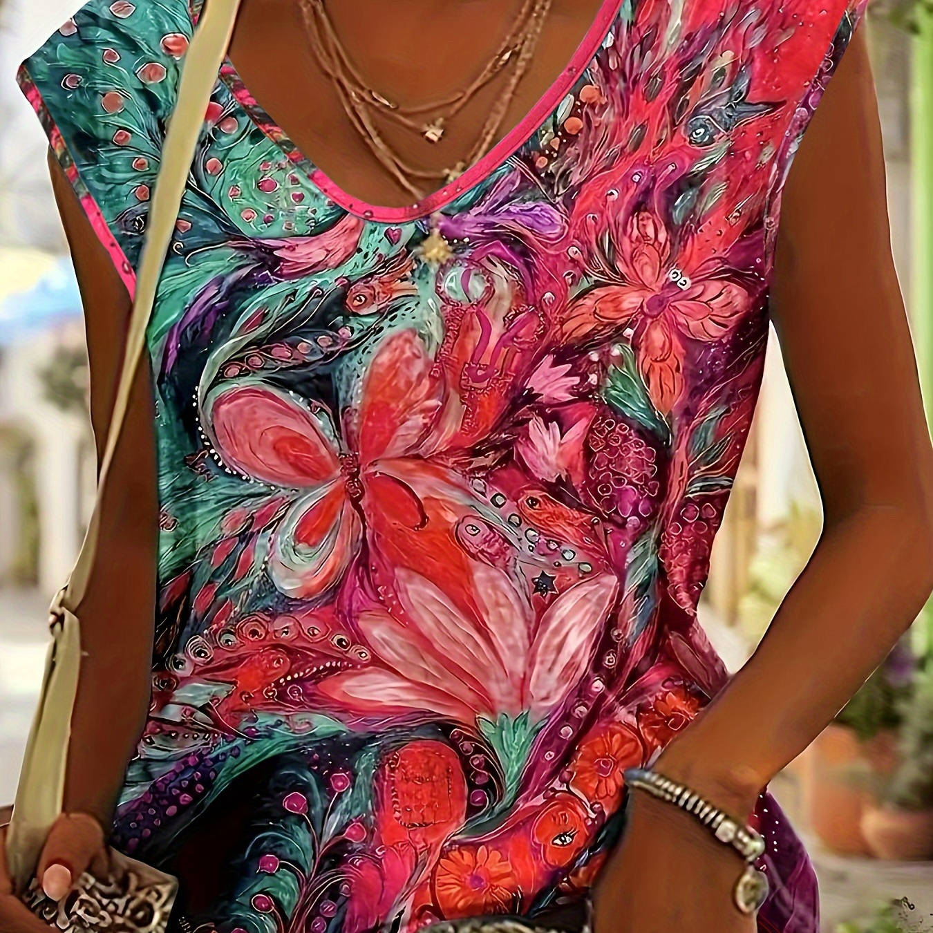 

Plus Size Floral Print V Neck T-shirt, Casual Cap Sleeve Top For Spring & Summer, Women's Plus Size Clothing