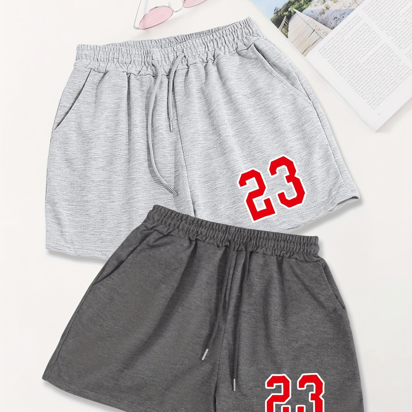 

23 Number Print Shorts 2 Pack, Casual Drawstring Sporty Shorts For Spring & Summer, Women's Clothing