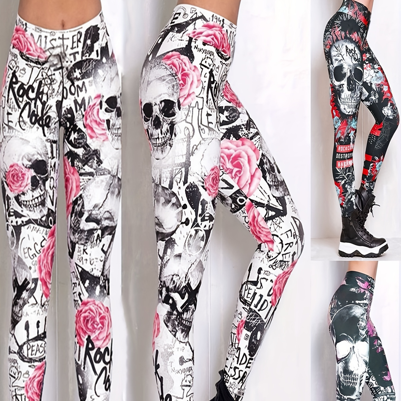 Women's Halloween Skull Flower Printed Leggings Elastic - Temu