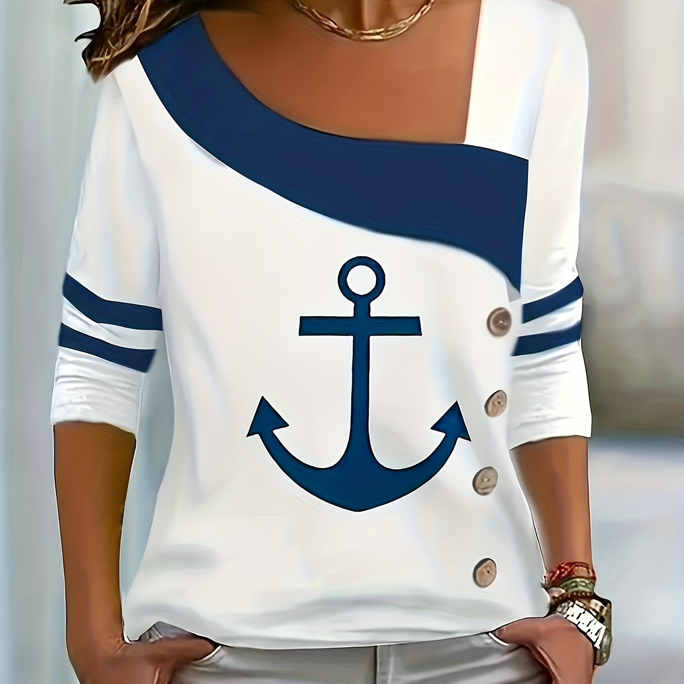 

Anchor Print Skew Neck T-shirt, Casual Button Decor Long Sleeve T-shirt For Spring & Fall, Women's Clothing