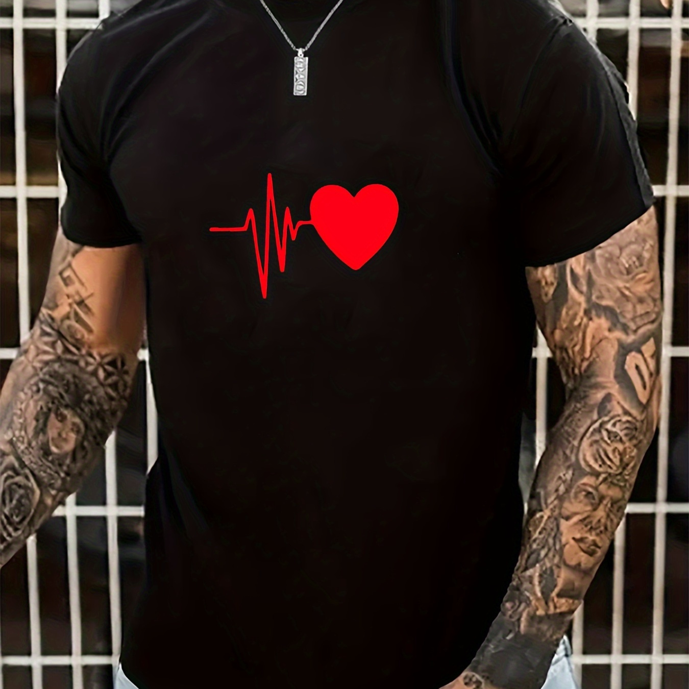 

Love Heart Graphic Men's Short Sleeve T-shirt, Comfy Stretchy Trendy Tees For Summer, Casual Daily Style Fashion Clothing, As Gifts