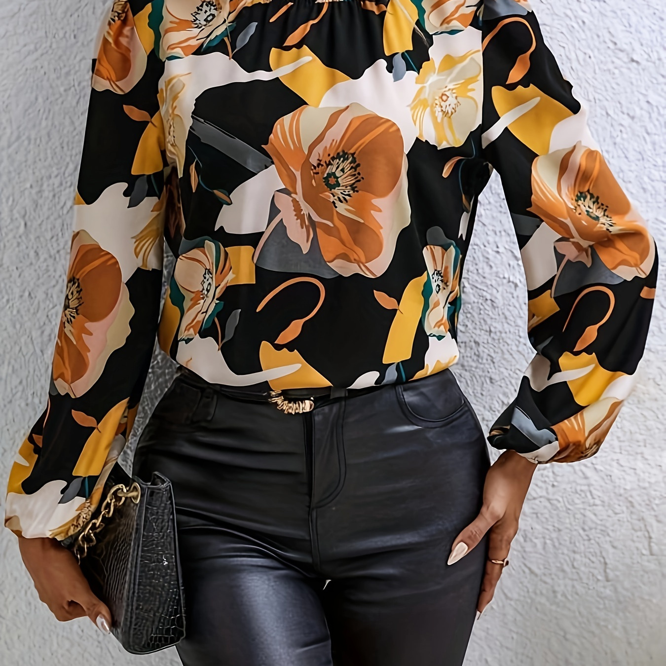 

Floral Print Mock Neck Blouse, Vintage Lantern Sleeve Blouse For Spring & Fall, Women's Clothing