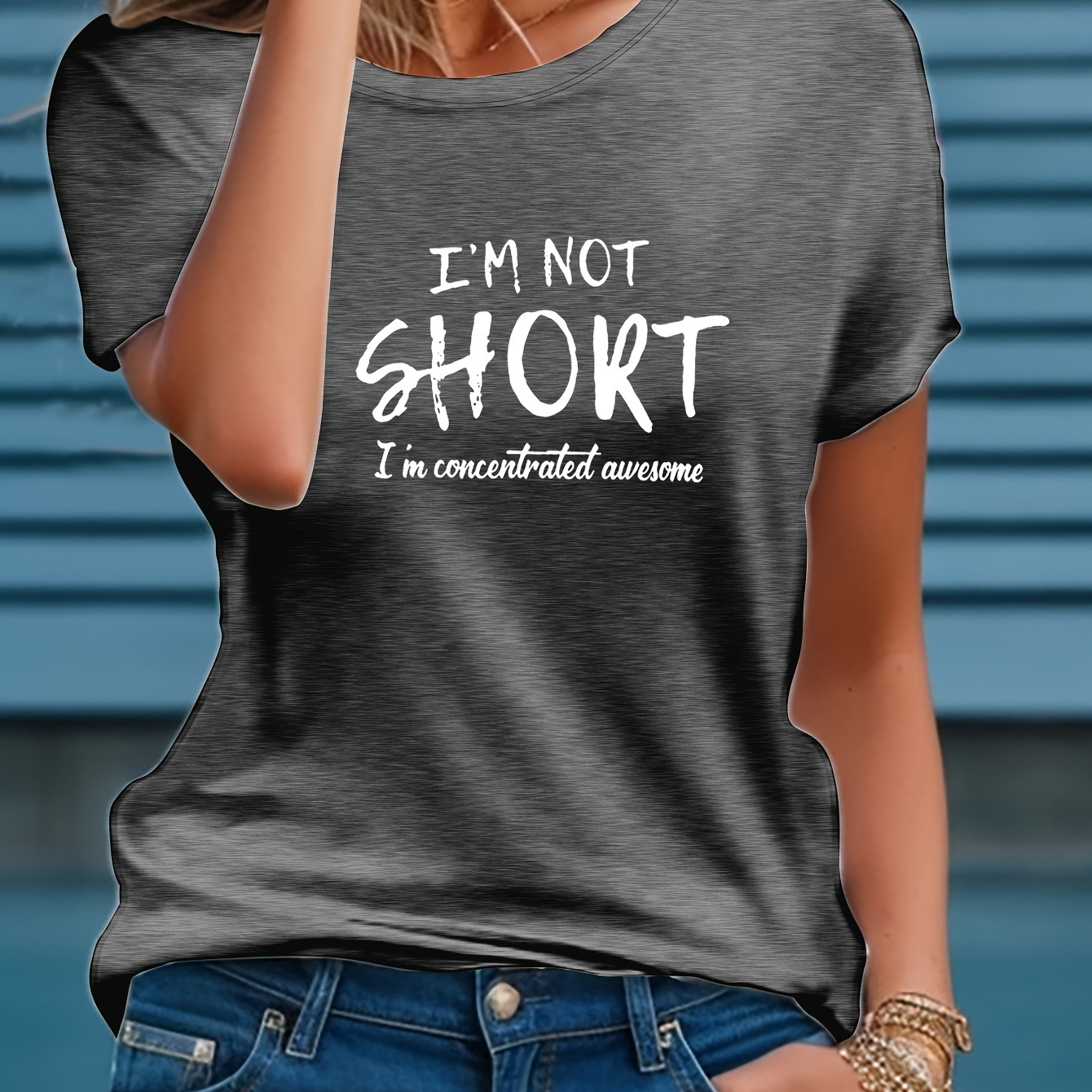 

Im Not Short Letter Print T-shirt, Short Sleeve Crew Neck Casual Top For Summer & Spring, Women's Clothing