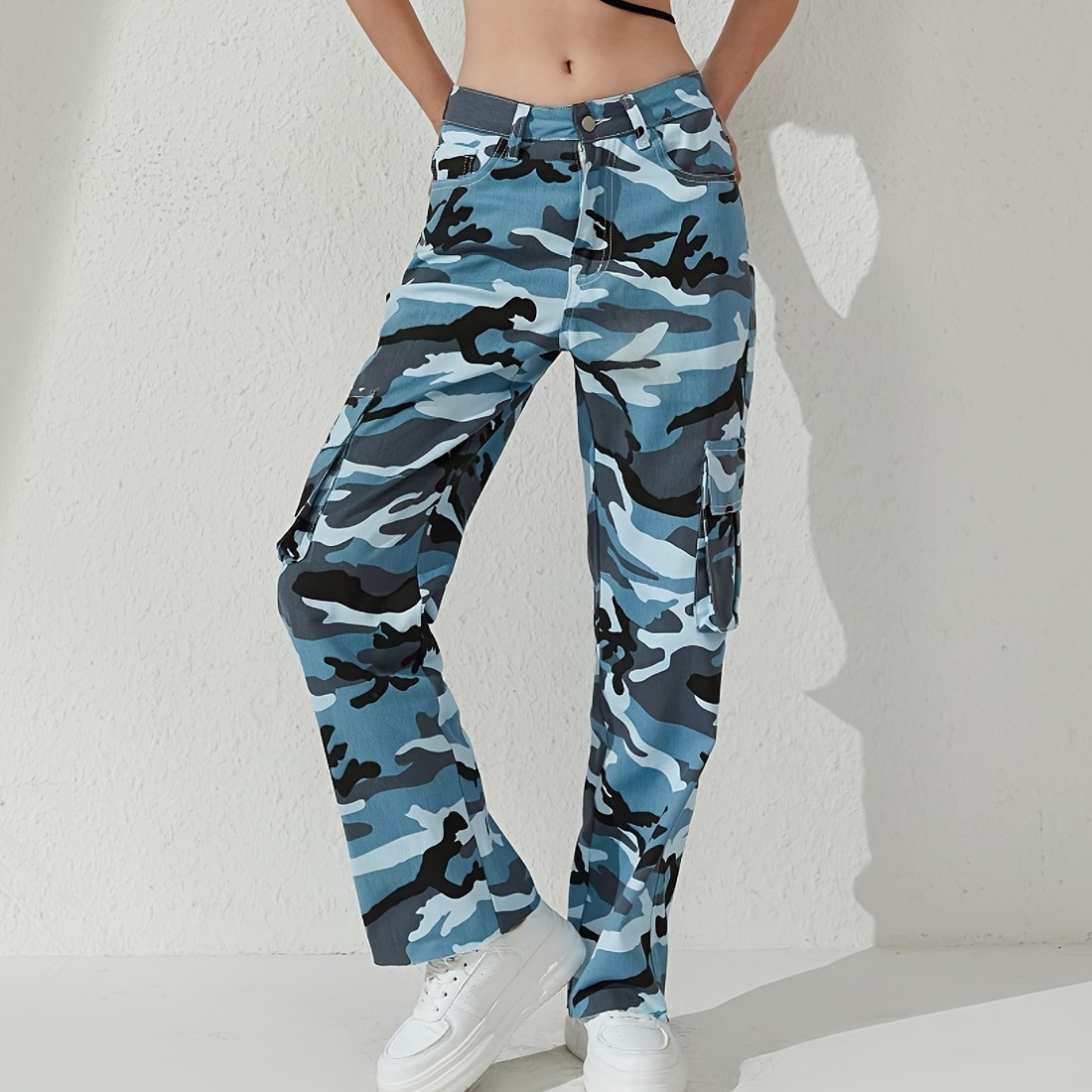 Camo Flap Pockets Straight Jeans, Loose Fit Non-stretch Y2k & Kpop Style  Cargo Pants, Women's Denim Jeans & Clothing - Temu Austria