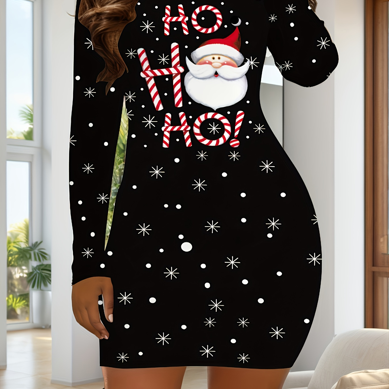 

Women's Christmas Santa Claus Print Bodycon Dress - Stretchy Polyester & Elastane , Crew Neck, Long Sleeve, Casual Fit - Fall/winter, Machine Washable