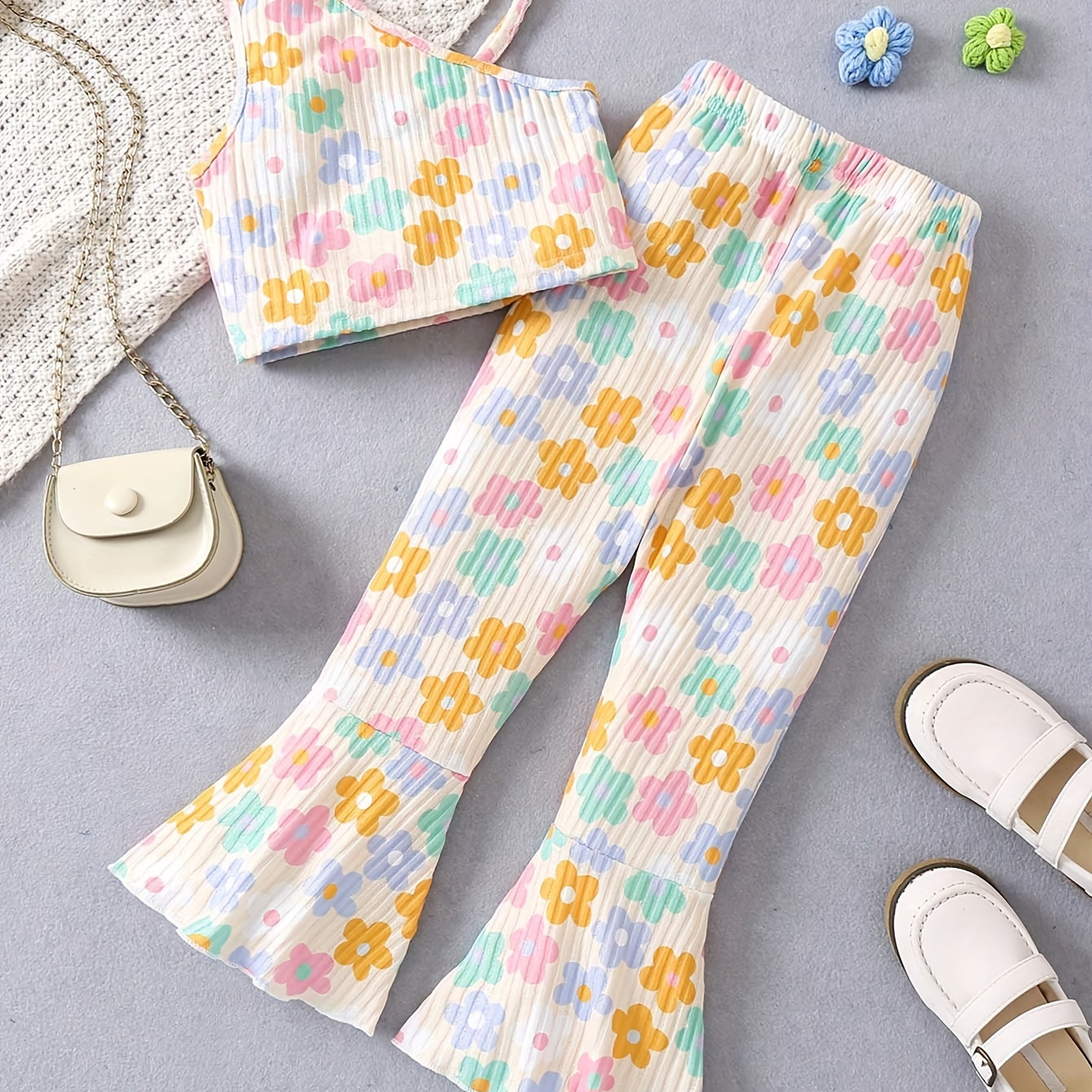 TEMU Girls 2pcs/set Allover Flowers Pattern Print 1 Shoulder Top & Flared Pants For Spring & Summer