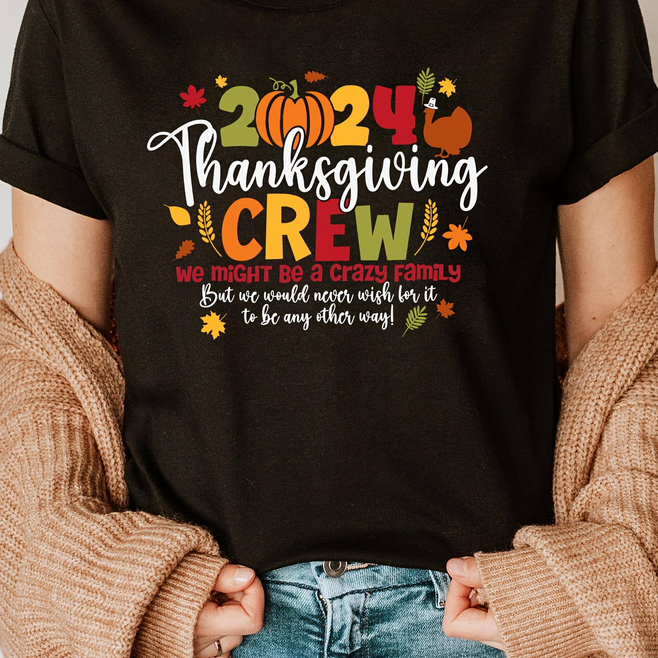 

Women's Thanksgiving Turkey & Pumpkin Print T-shirt - Casual Crew Neck, Short Sleeve Top For , Breathable Cotton