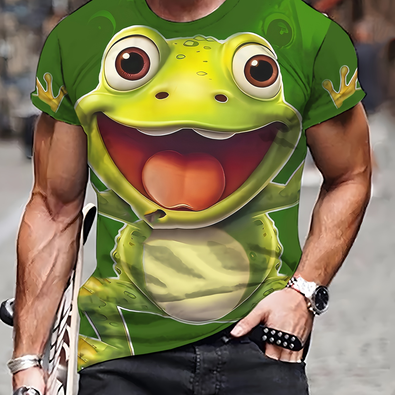 

Frog Print Men's T-shirt - Casual, Polyester, Round Neck, Regular Fit, Knit Fabric