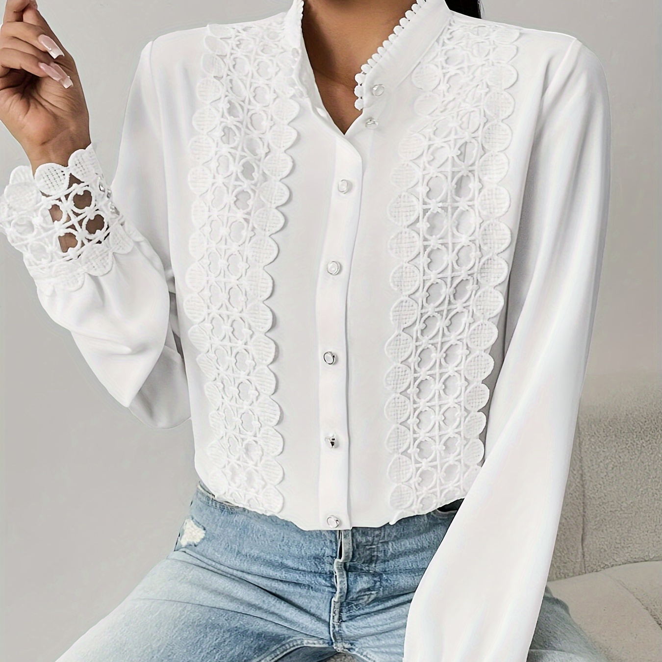 

Elegant Women's Long Sleeve Blouse With Stand Collar And Lace Detailing - 100% Polyester Solid Color Shirt For Spring/summer/fall - Woven Fabric Chic Shirting Collection