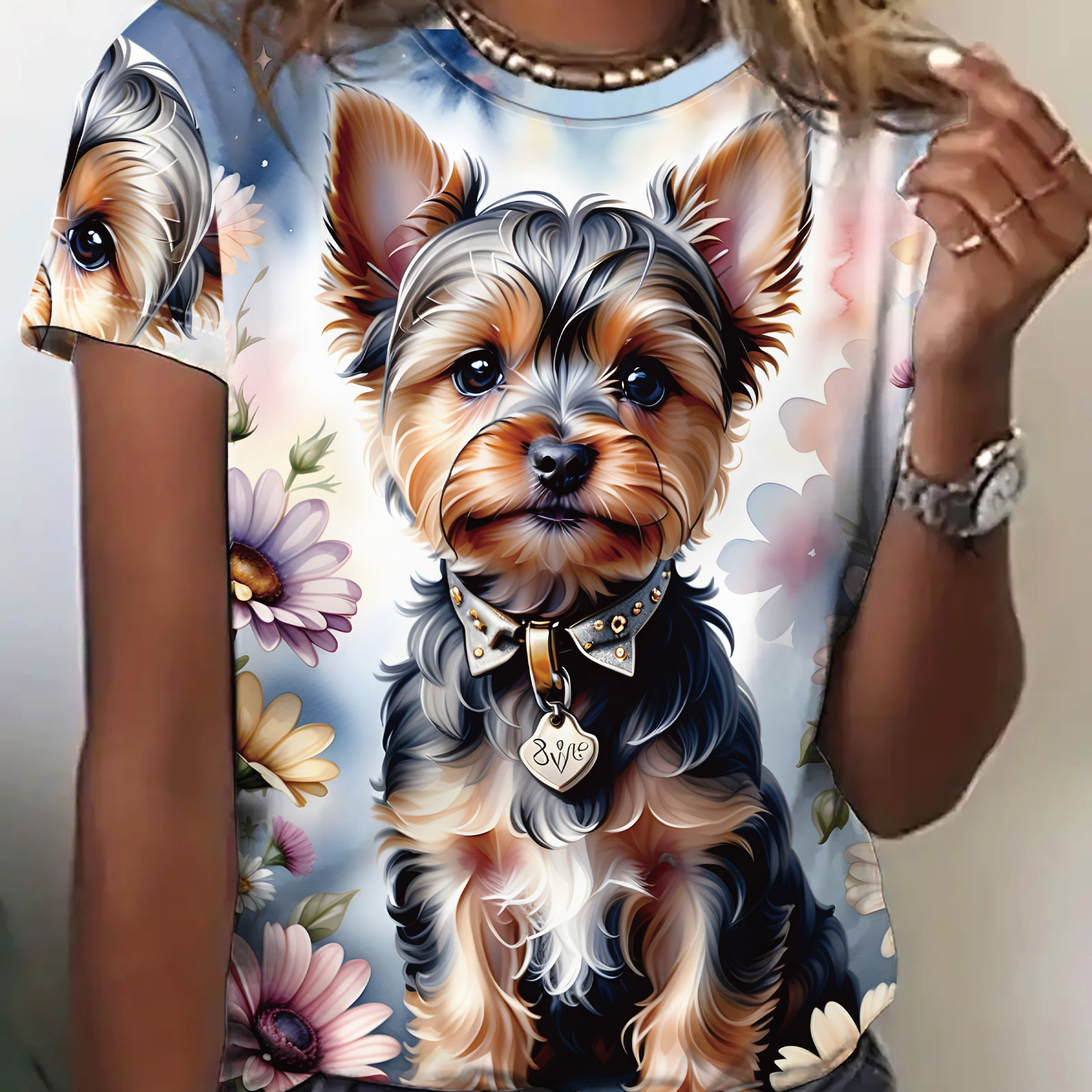 

Cute Puppy Print Crew Neck T-shirt, Casual Short Sleeve T-shirt For Spring & Summer, Women's Clothing